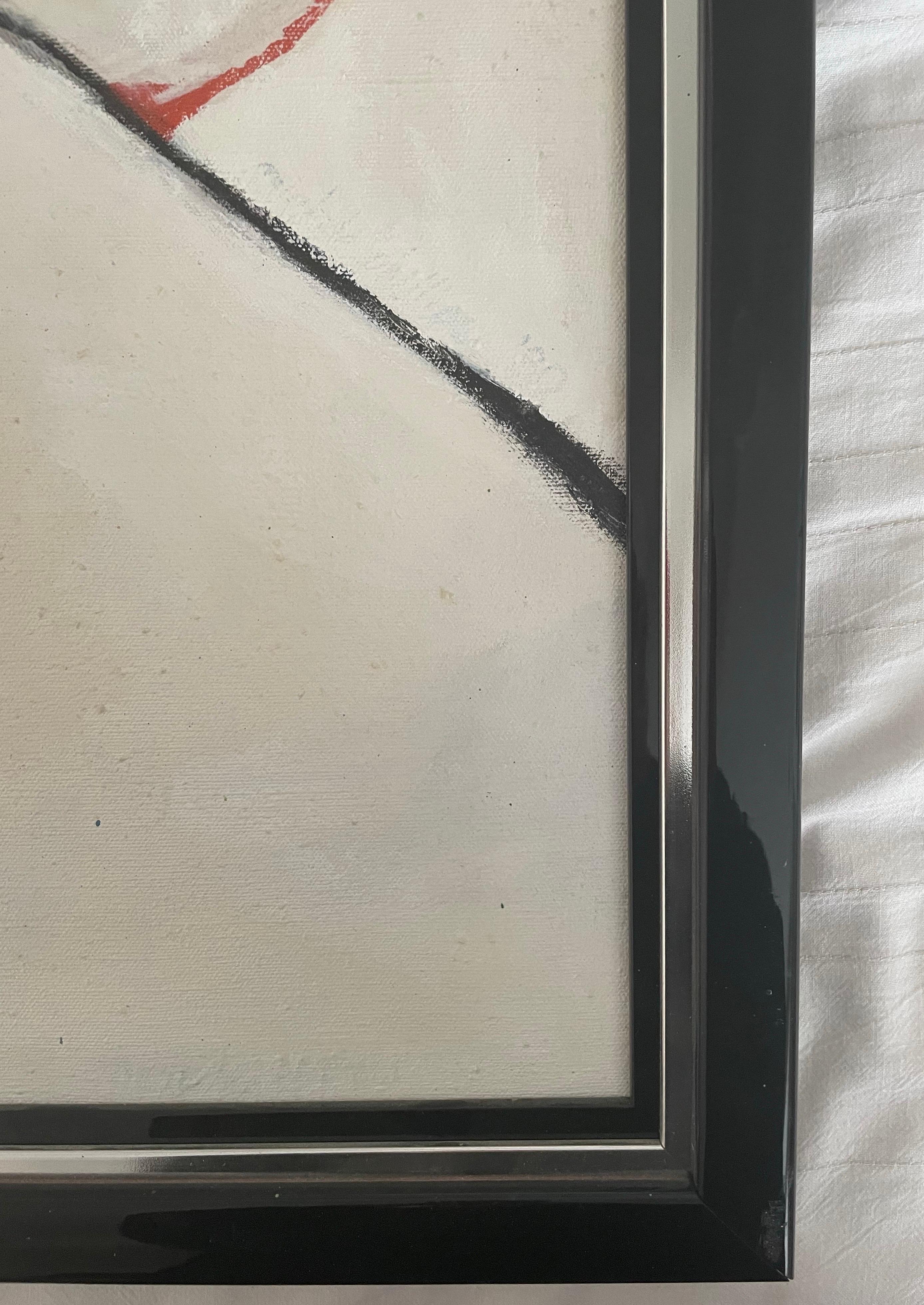 Cette peinture figurative contemporaine d'une femme au repos capture l'essence et l'émotion de la relaxation, plutôt que de se concentrer sur un réalisme détaillé. La figure présente des lignes et des courbes expressives. Sa pose est 
gracieux, avec