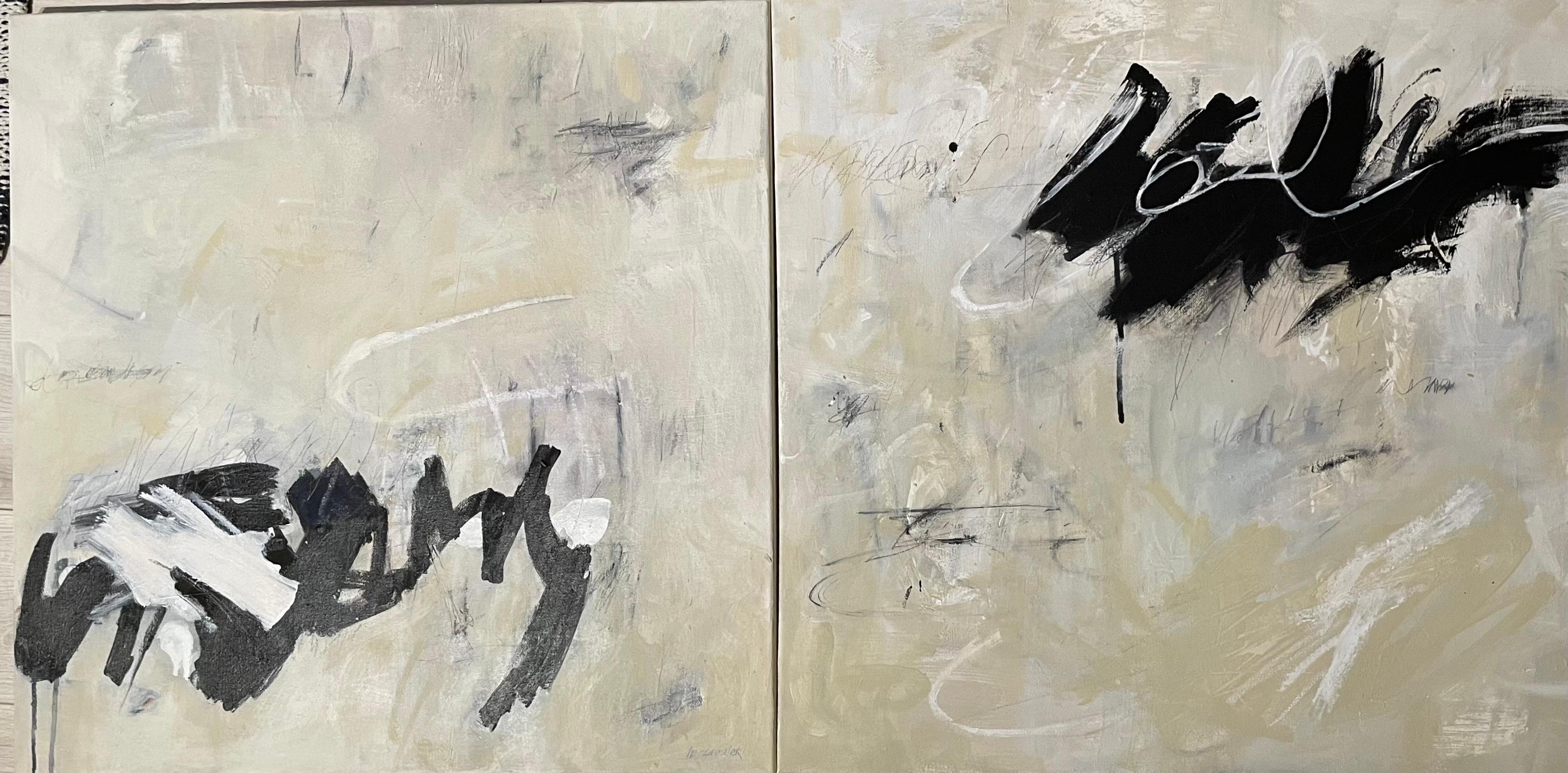 Michele Zuzalek Abstract Painting - You Do You, I’ll Do Me original abstract painting neutral colors dyptych 