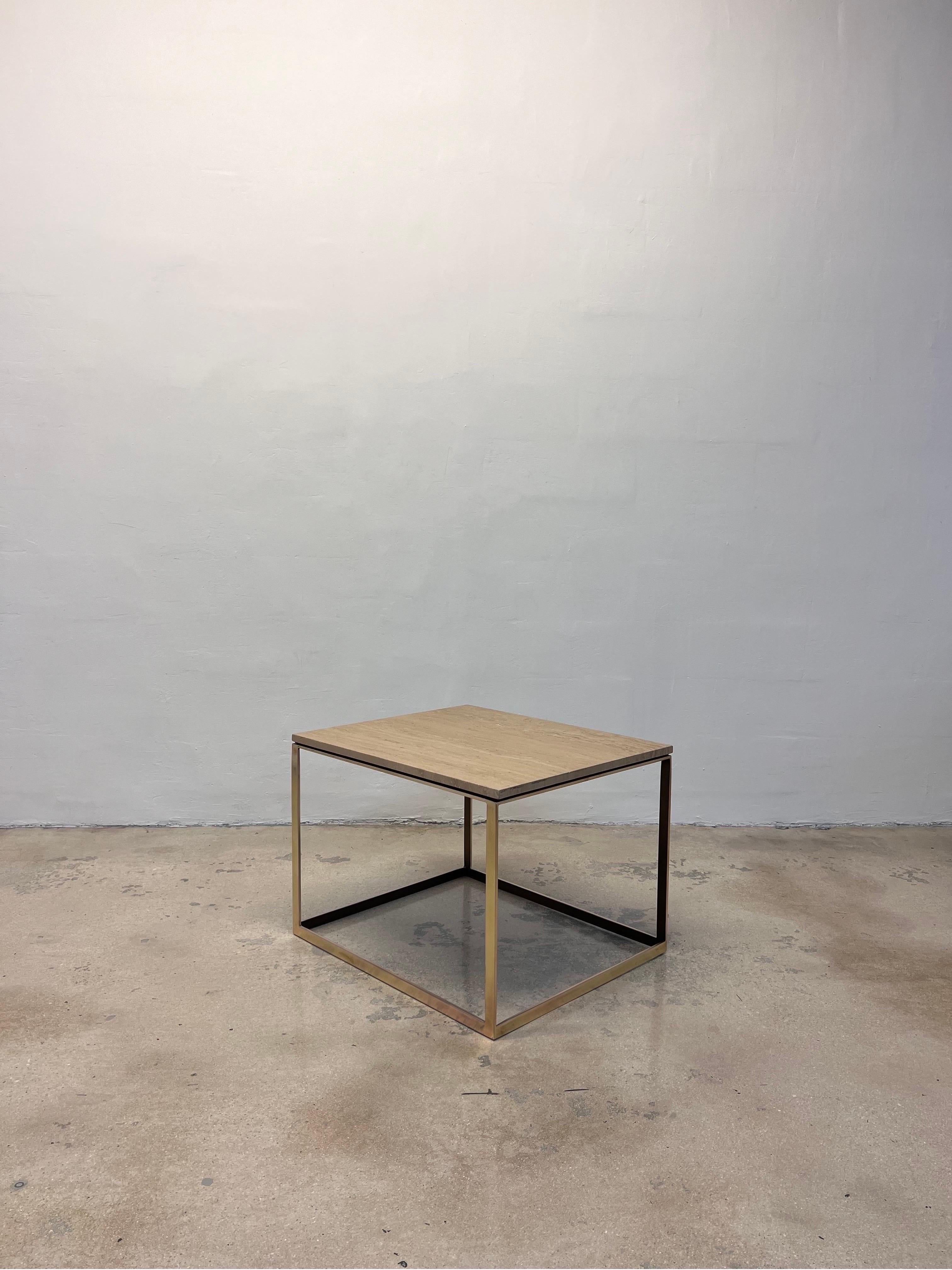 Modern Michell Gold + Bob Williams Travertine and Brass / Bronze Side Table For Sale