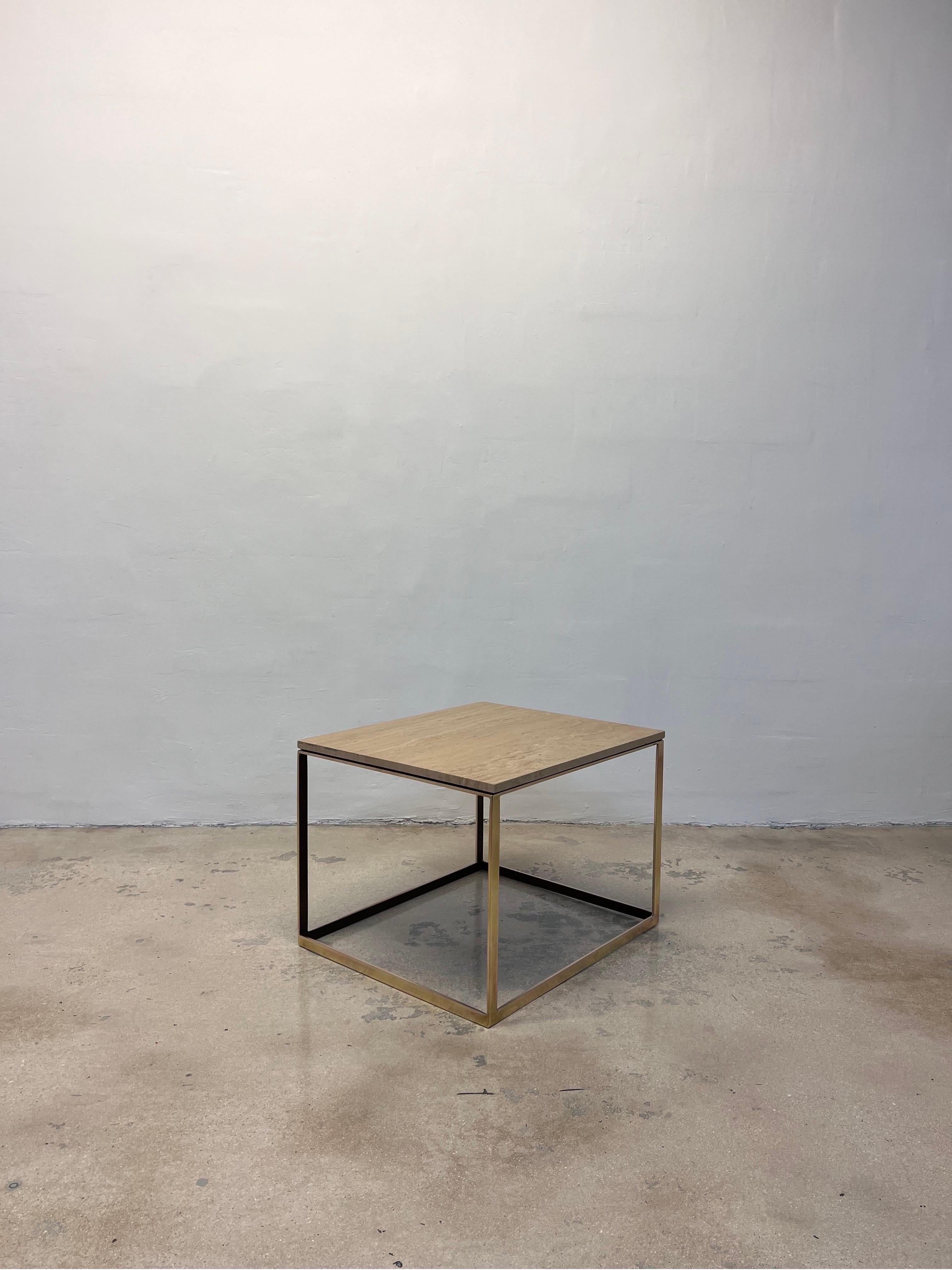 Michell Gold + Bob Williams Travertine and Brass / Bronze Side Table In Good Condition For Sale In Miami, FL