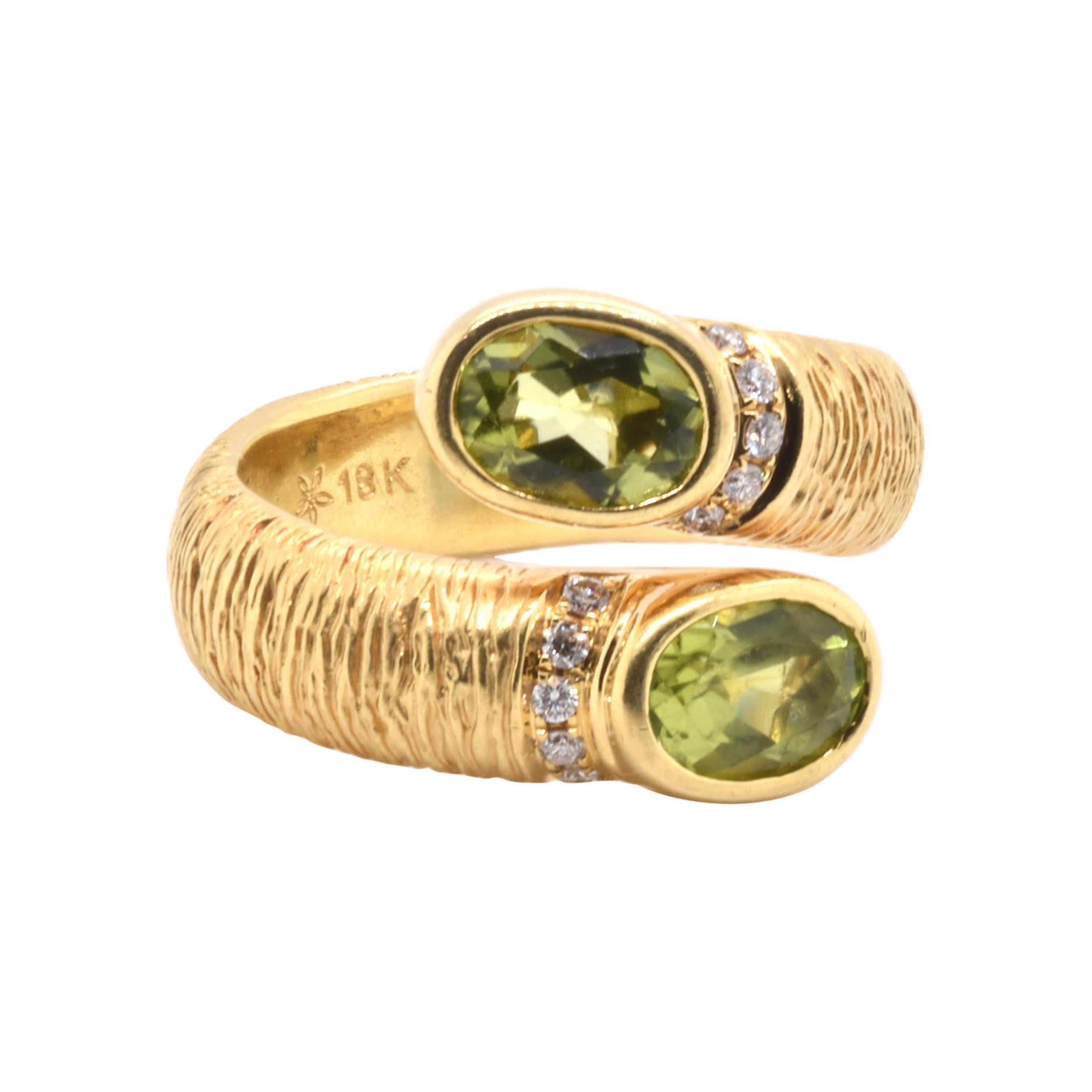 Michelle Albala 18 Karat Yellow Gold Peridot and Diamond Textured Bypass Ring