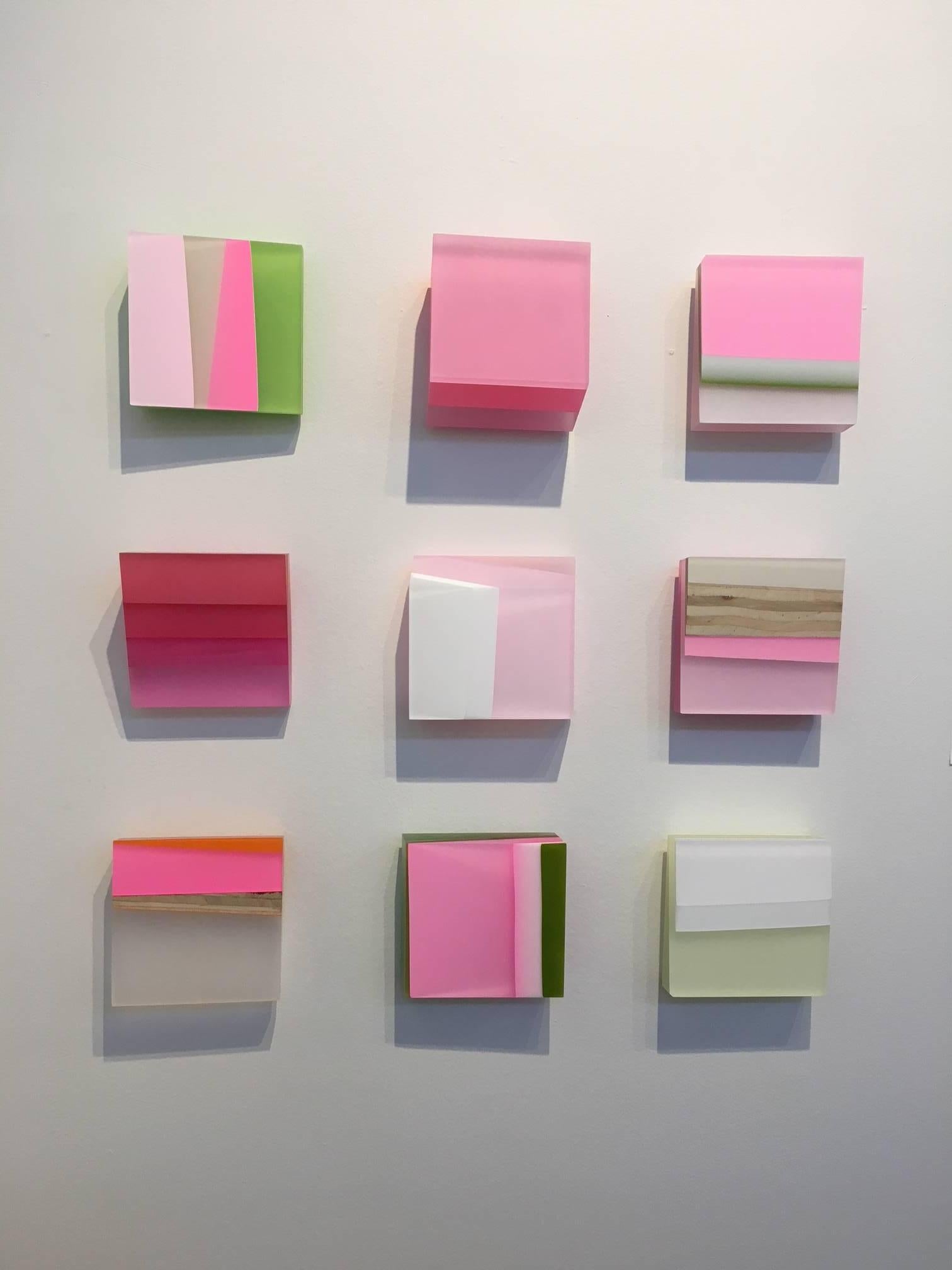 6.6 x 6.5 inches
lucite, acrylic paint
2018

Michelle Benoit works in an additive way where she starts with a flat surface of wood and layers transparencies atop it to create depth for her abstract mural sculptures.  Often her materials are recycled
