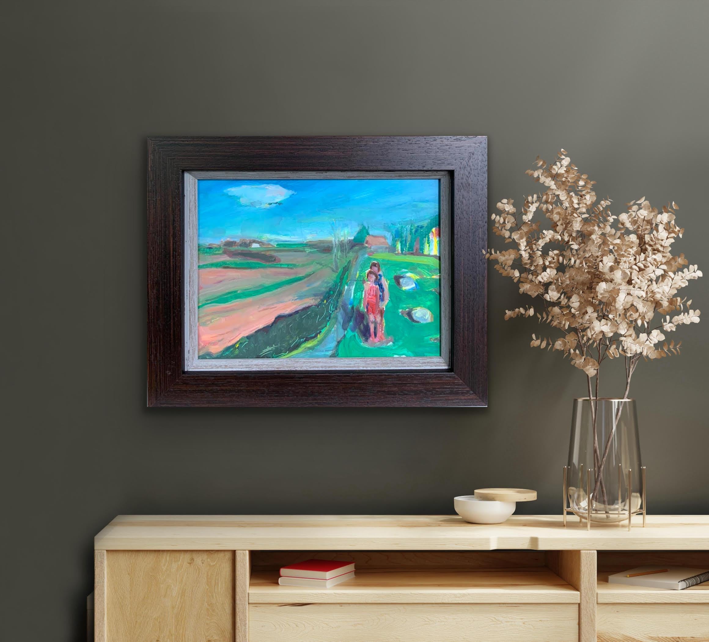 Artista contemporáneo indio irlandés pintura Óleo sobre tabla Hermanas Veranos de infancia en venta 5