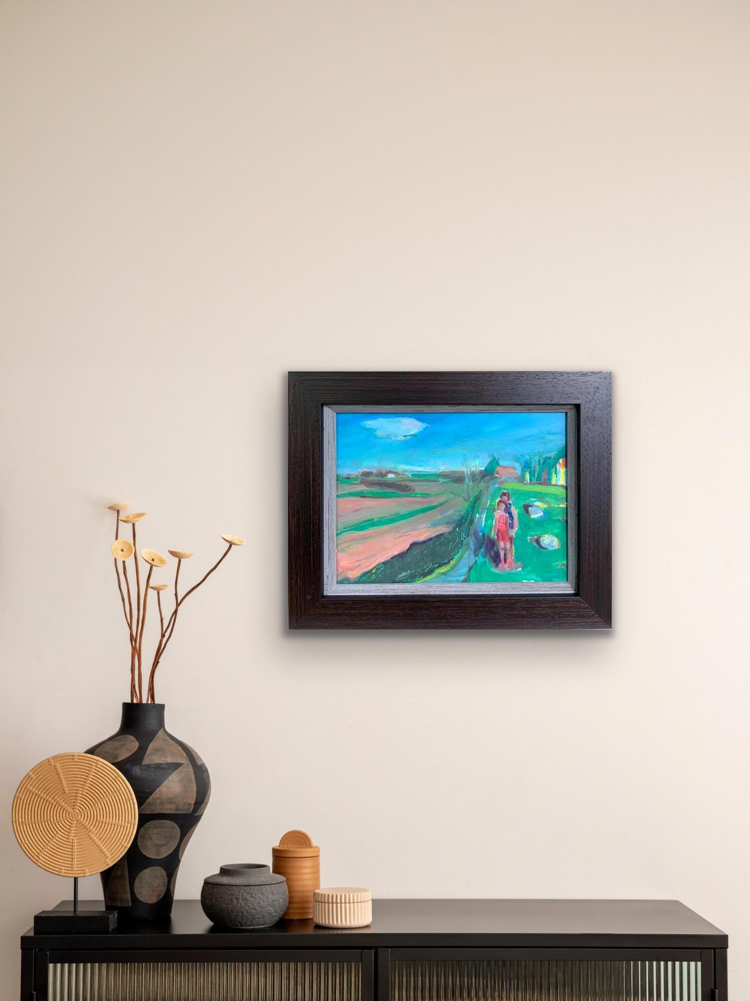 Artista contemporáneo indio irlandés pintura Óleo sobre tabla Hermanas Veranos de infancia en venta 6