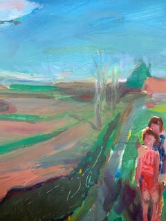 Irish Indian Contemporary artist painting Oil on Board Sisters Childhood Summers