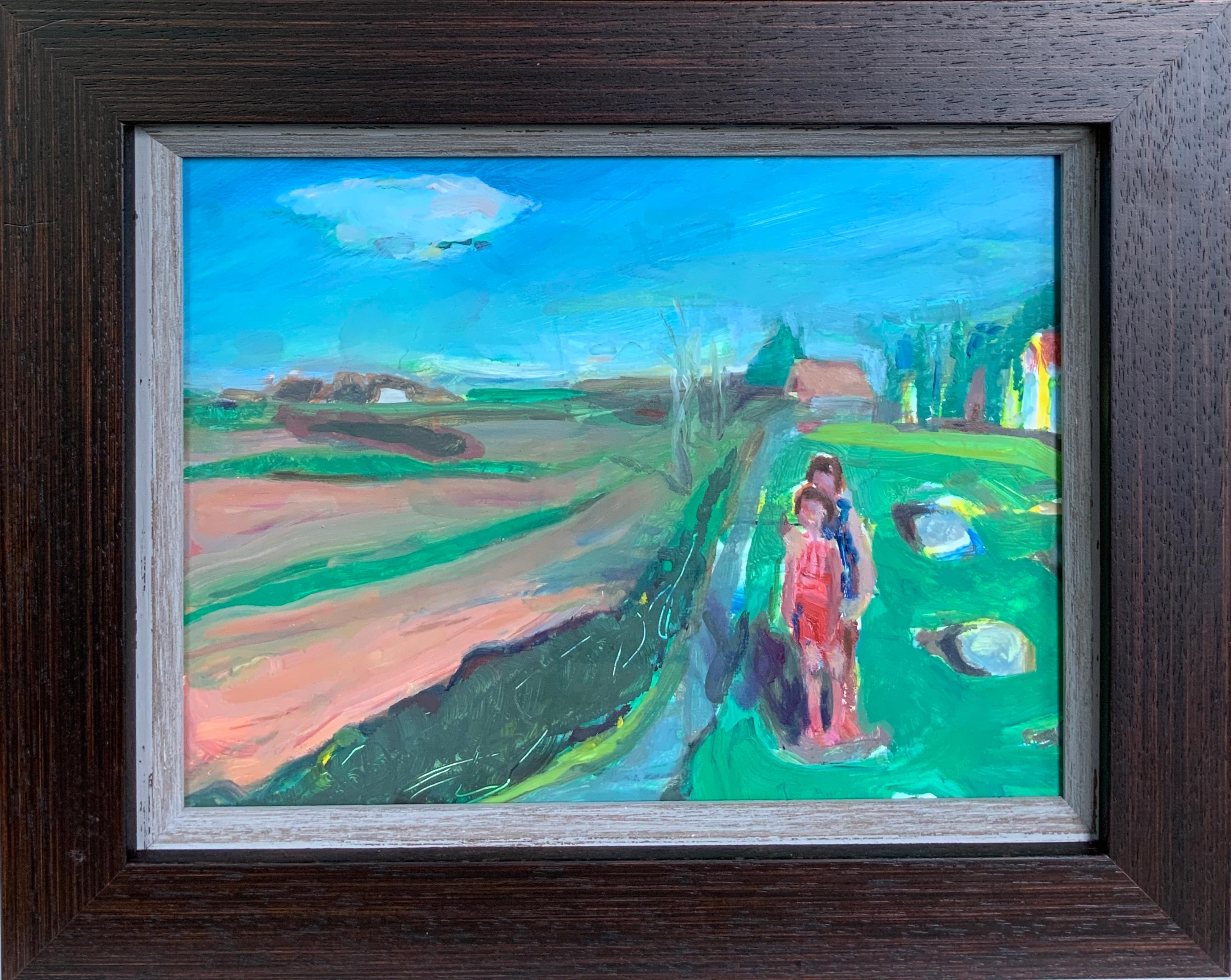 Artista contemporáneo indio irlandés pintura Óleo sobre tabla Hermanas Veranos de infancia - Figurative Painting Azul de Michelle Boyle