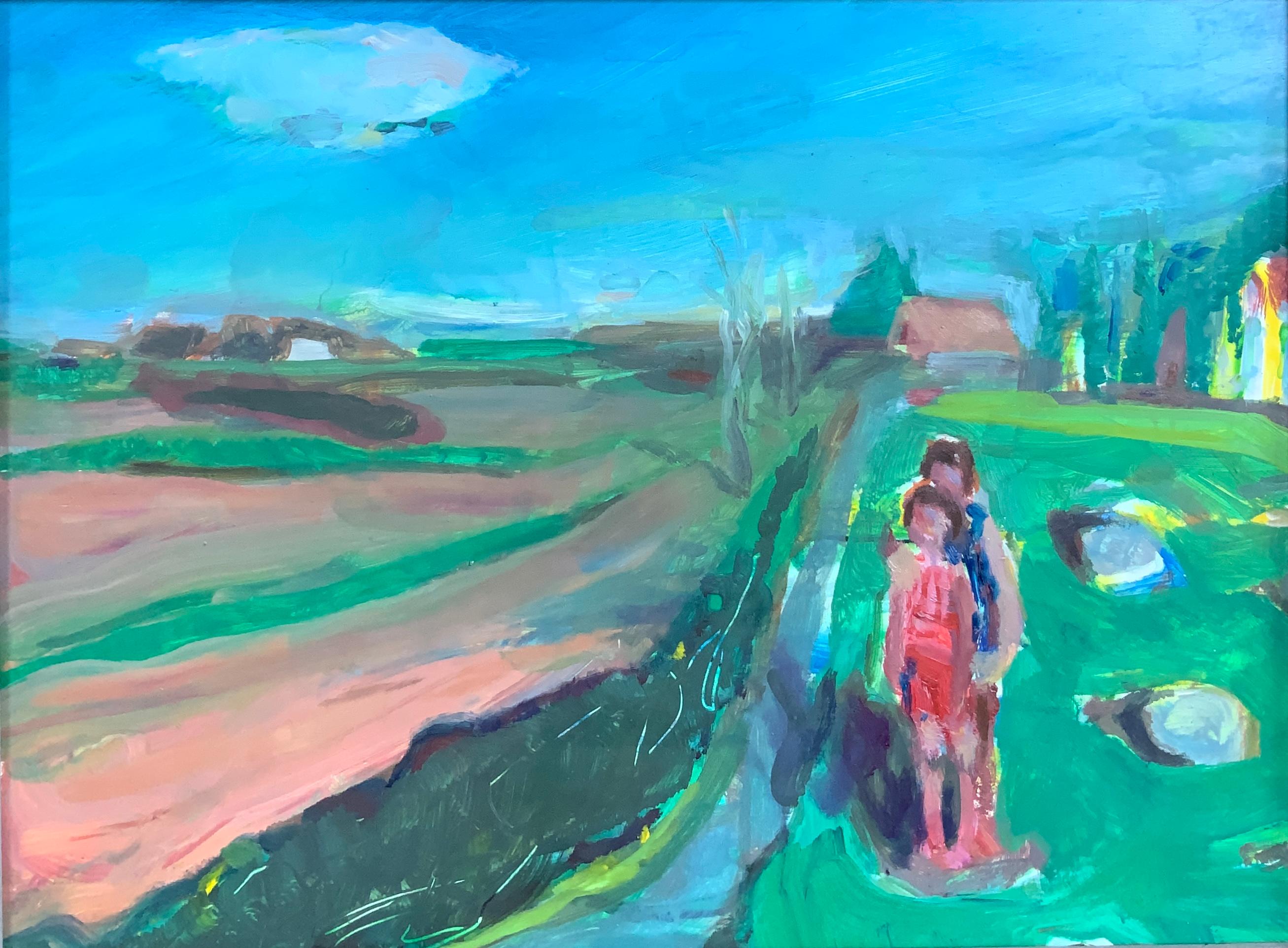 Figurative Painting de Michelle Boyle - Artista contemporáneo indio irlandés pintura Óleo sobre tabla Hermanas Veranos de infancia