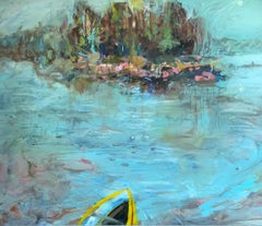 Irish Indian Contemporary artist painting Yellow Boat Oil on Board Sea Blue
