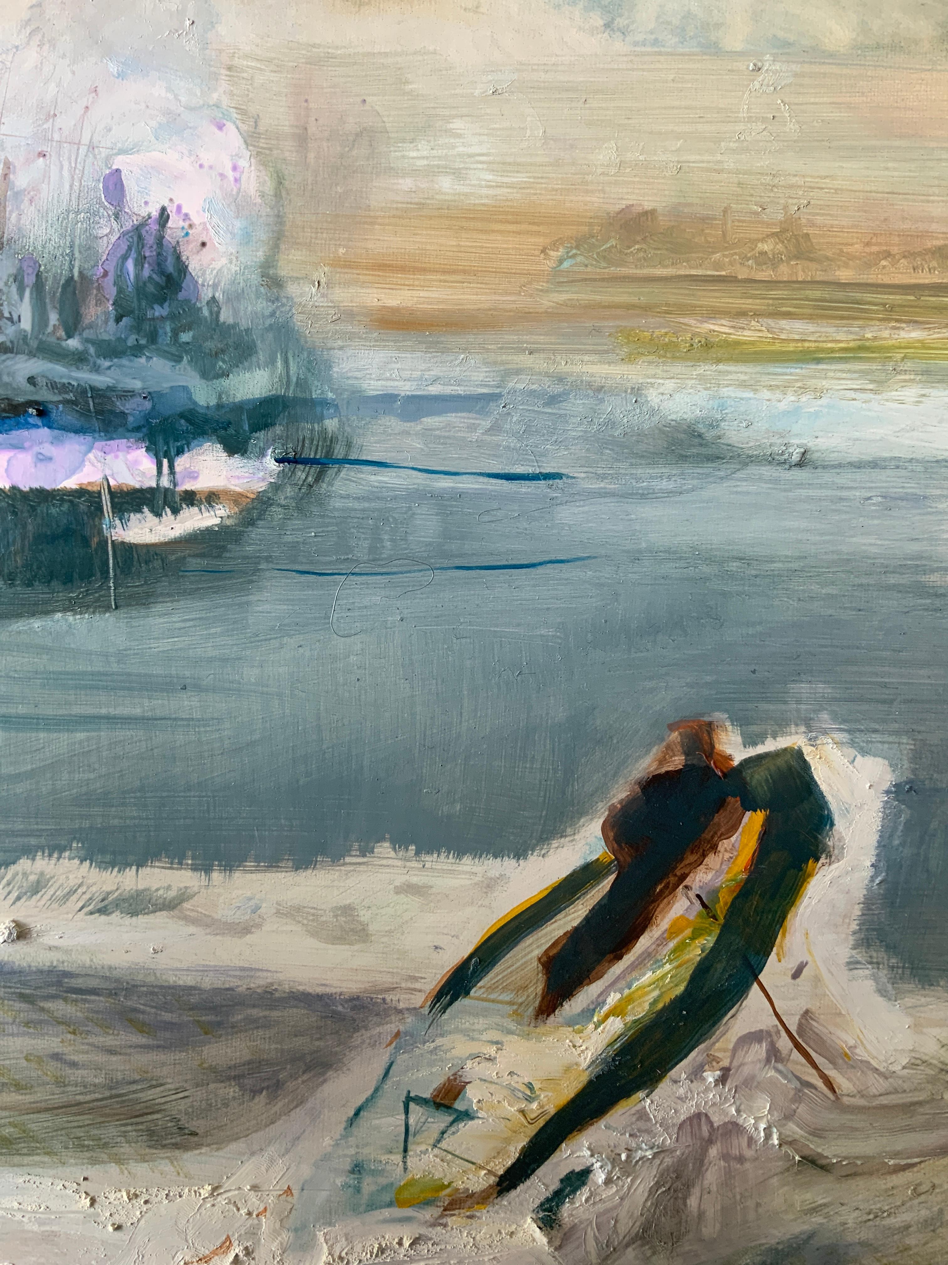 Irish Indian Contemporary Painting Boy Lake Frozen Fairy Bird Boxes Oil on Panel For Sale 7