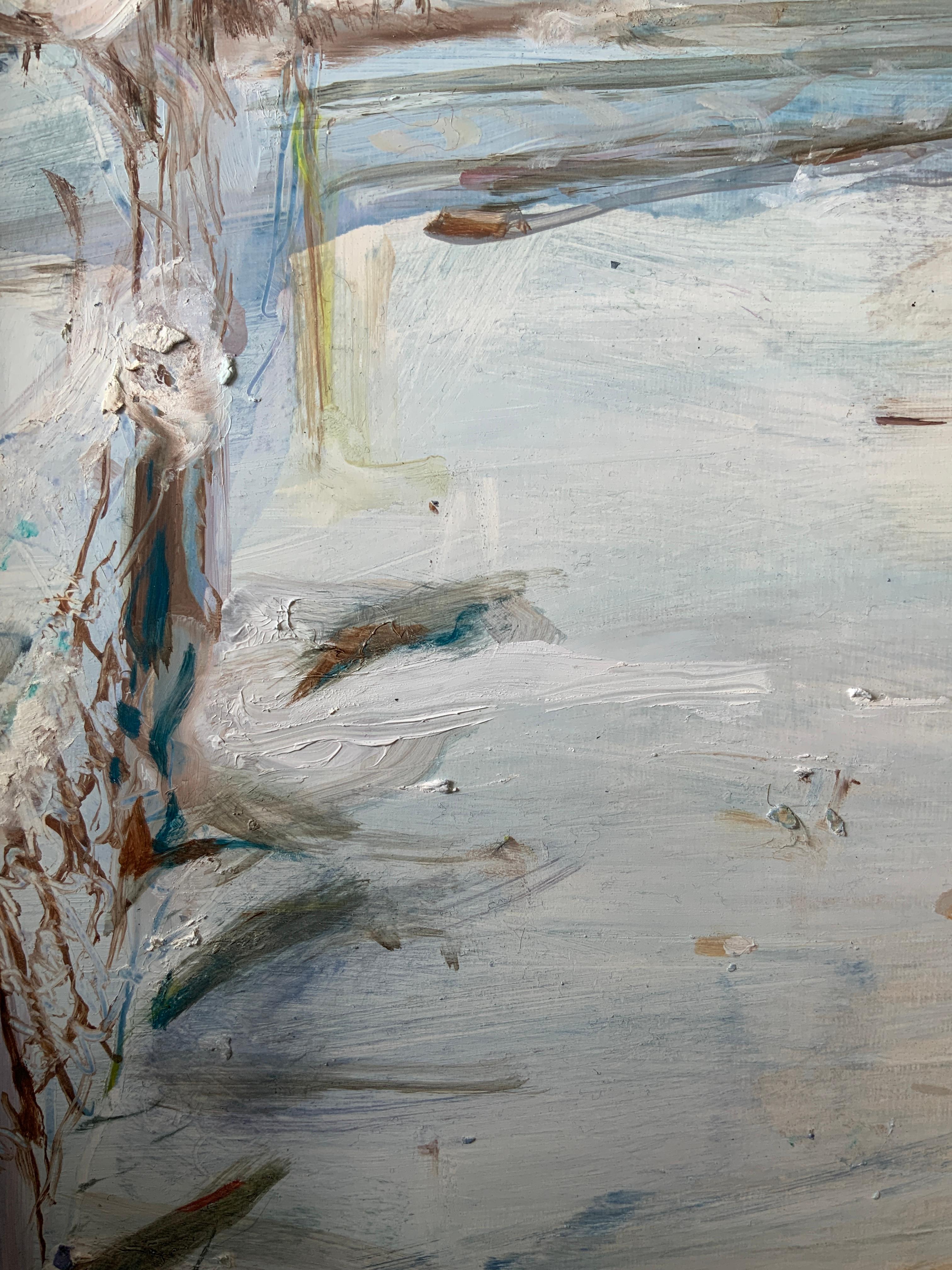 Irish Indian Contemporary Painting Boy Lake Frozen Fairy Bird Boxes Oil on Panel For Sale 9