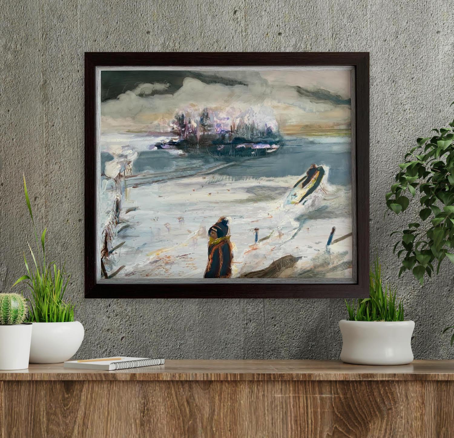 Irish Indian Contemporary Painting Boy Lake Frozen Fairy Bird Boxes Oil on Panel For Sale 11