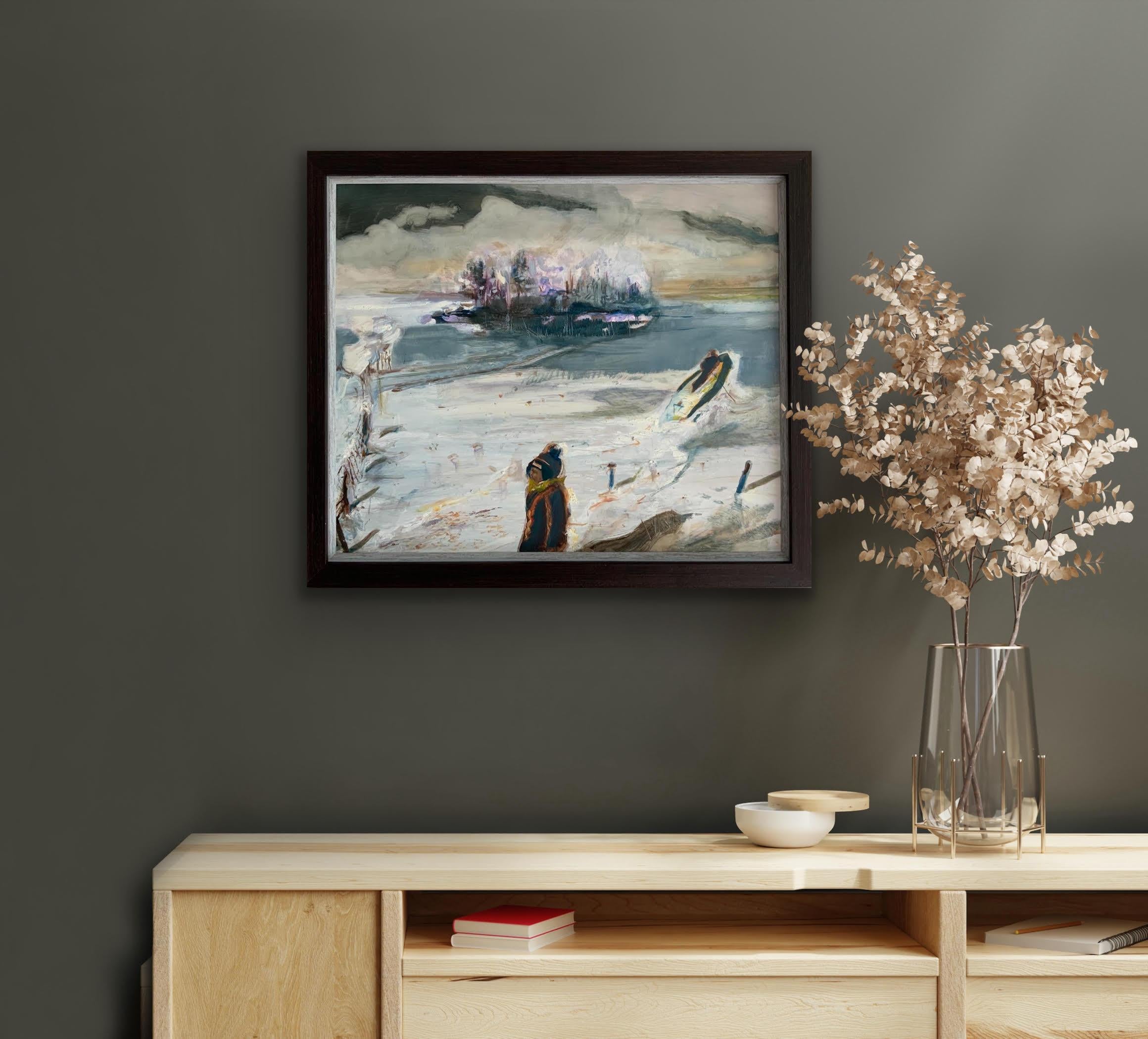 Irish Indian Contemporary Painting Boy Lake Frozen Fairy Bird Boxes Oil on Panel For Sale 12