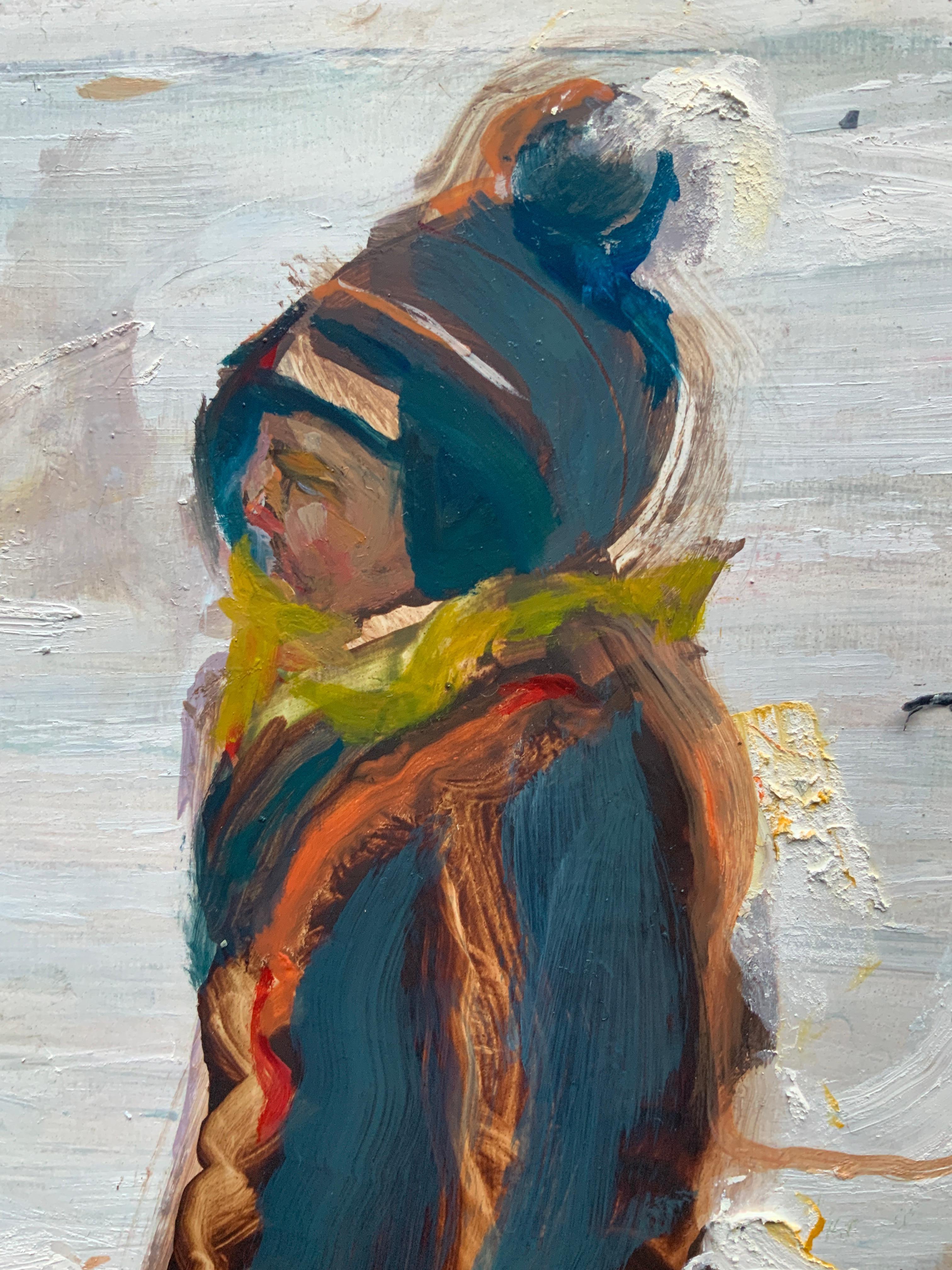 Irish Indian Contemporary Painting Boy Lake Frozen Fairy Bird Boxes Oil on Panel For Sale 1
