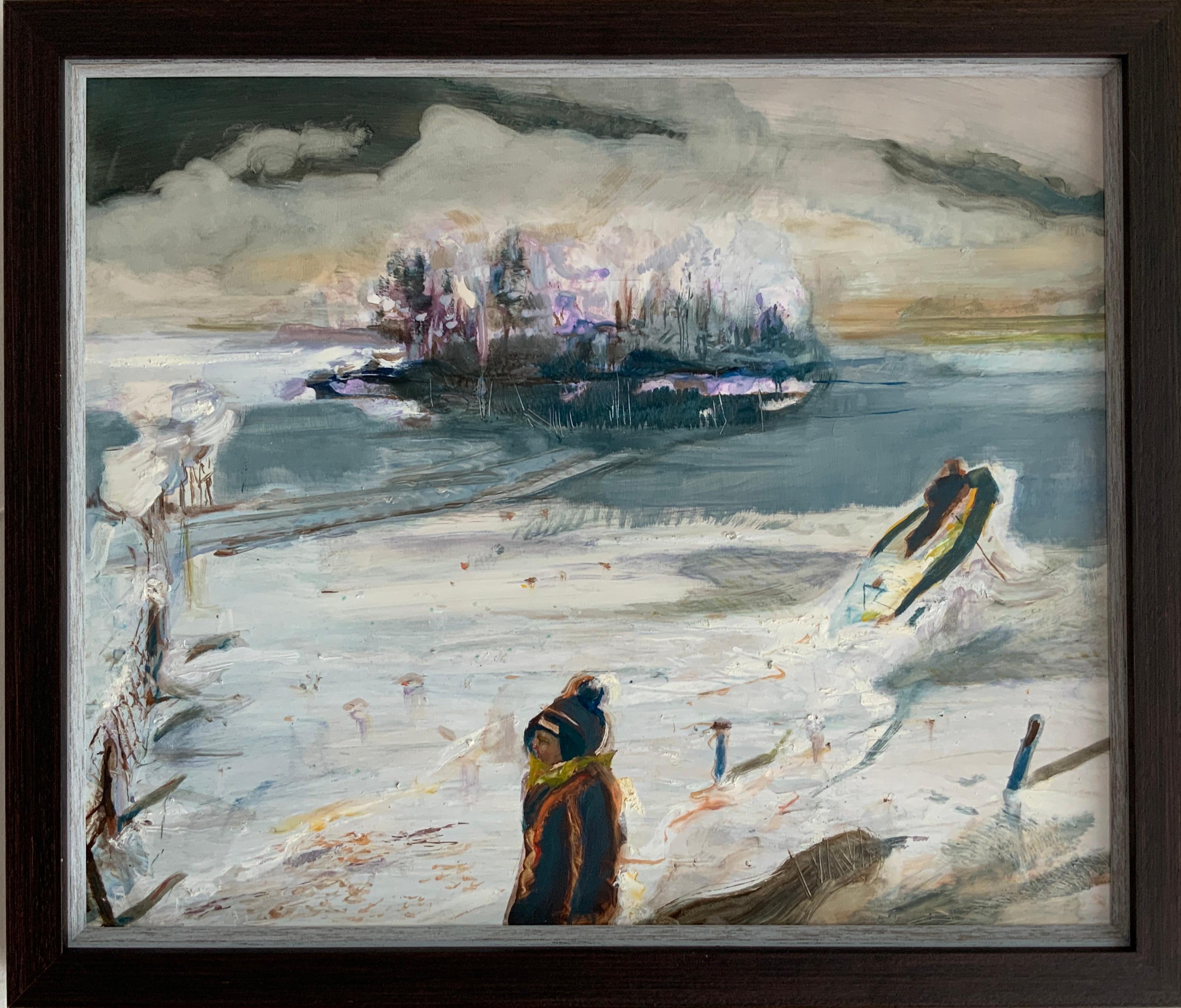 Irish Indian Contemporary Painting Boy Lake Frozen Fairy Bird Boxes Oil on Panel For Sale 5