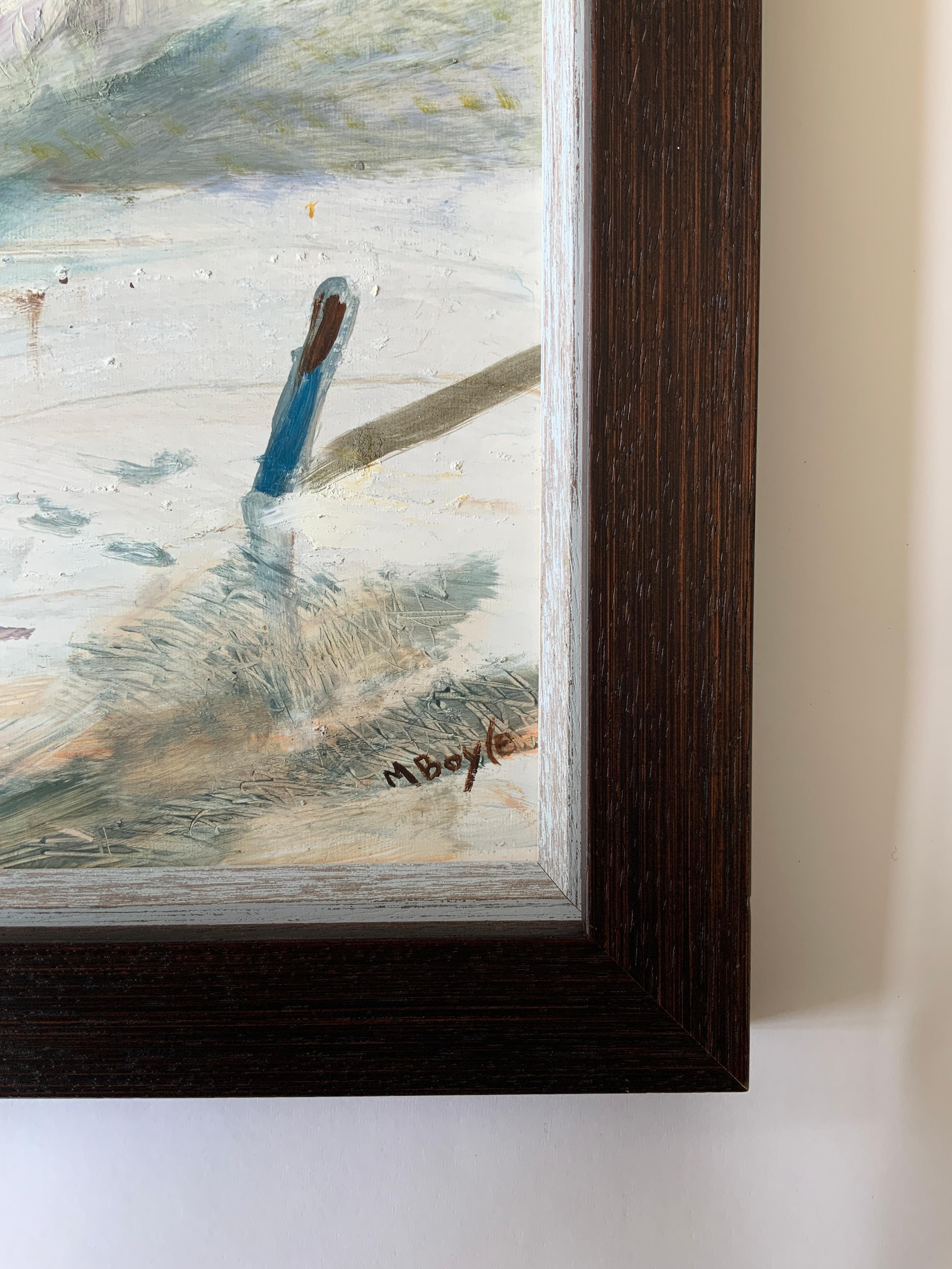 Irish Indian Contemporary Painting Boy Lake Frozen Fairy Bird Boxes Oil on Panel For Sale 6