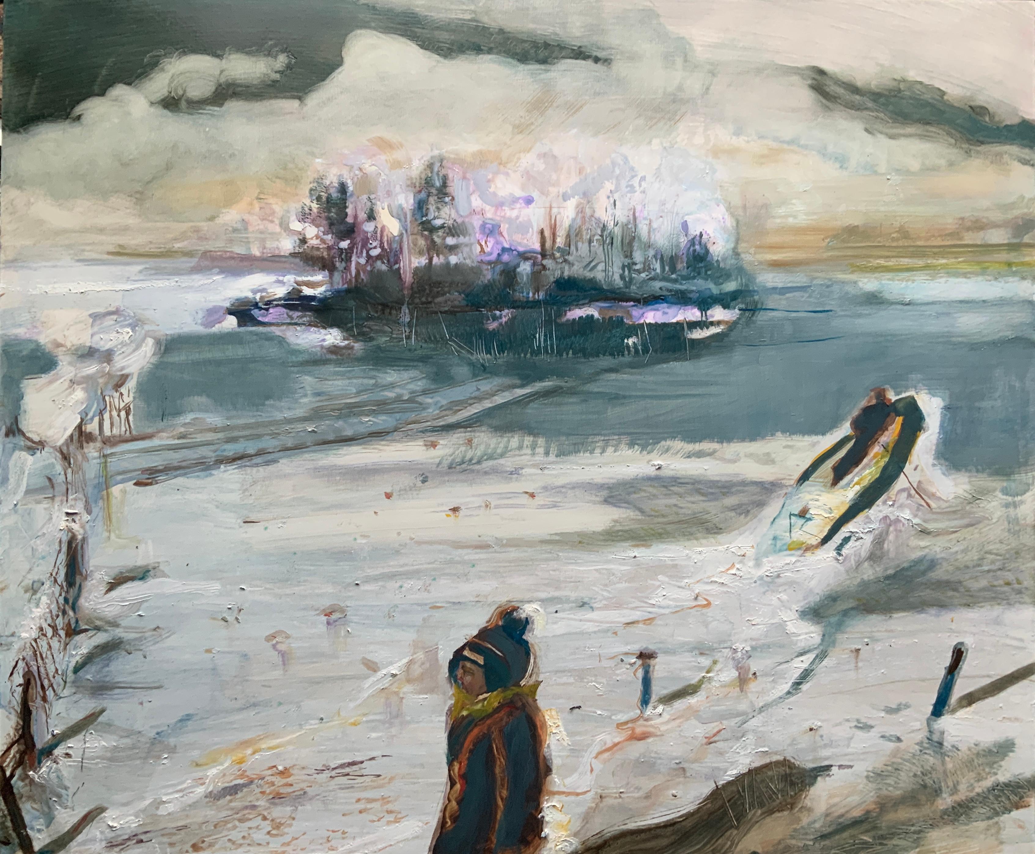 Michelle Boyle Landscape Painting - Irish Indian Contemporary Painting Boy Lake Frozen Fairy Bird Boxes Oil on Panel