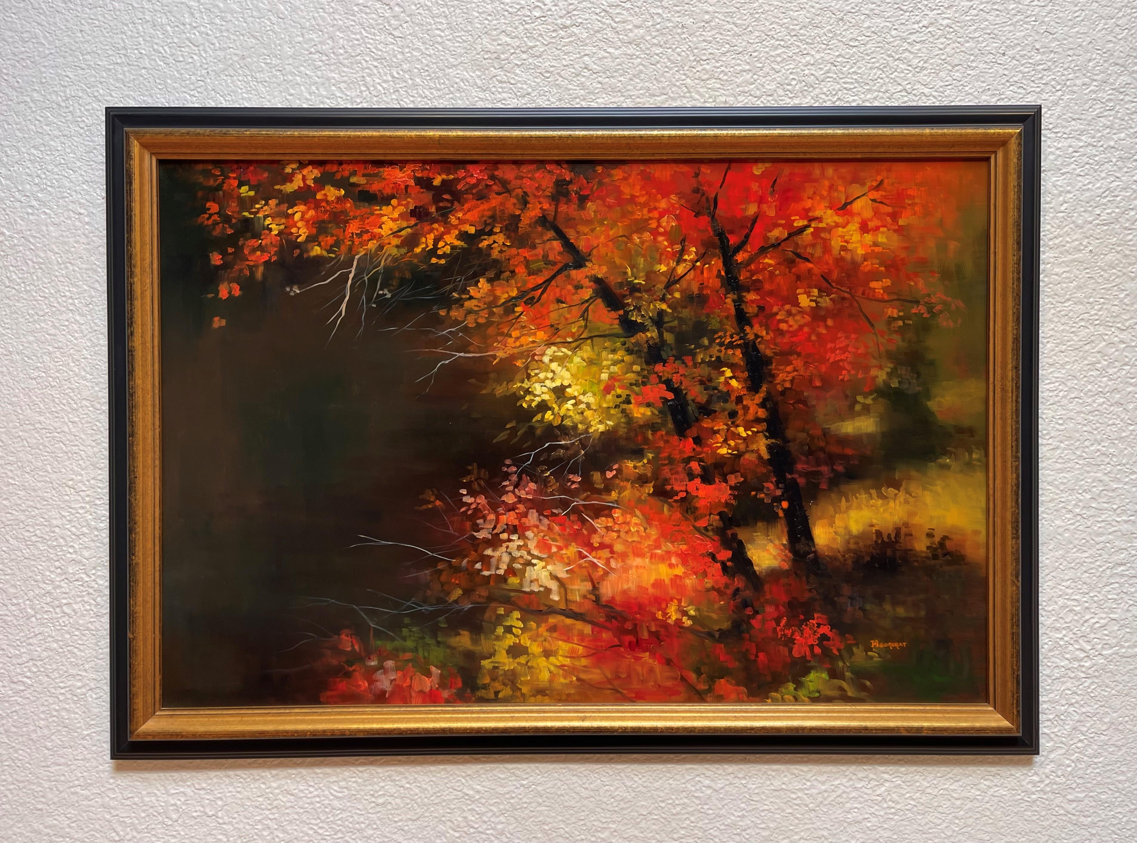 „Herbst Flare“ Herbstlandschaft Ölgemälde mit roten und gelben Blättern, Ölgemälde – Painting von Michelle Condrat