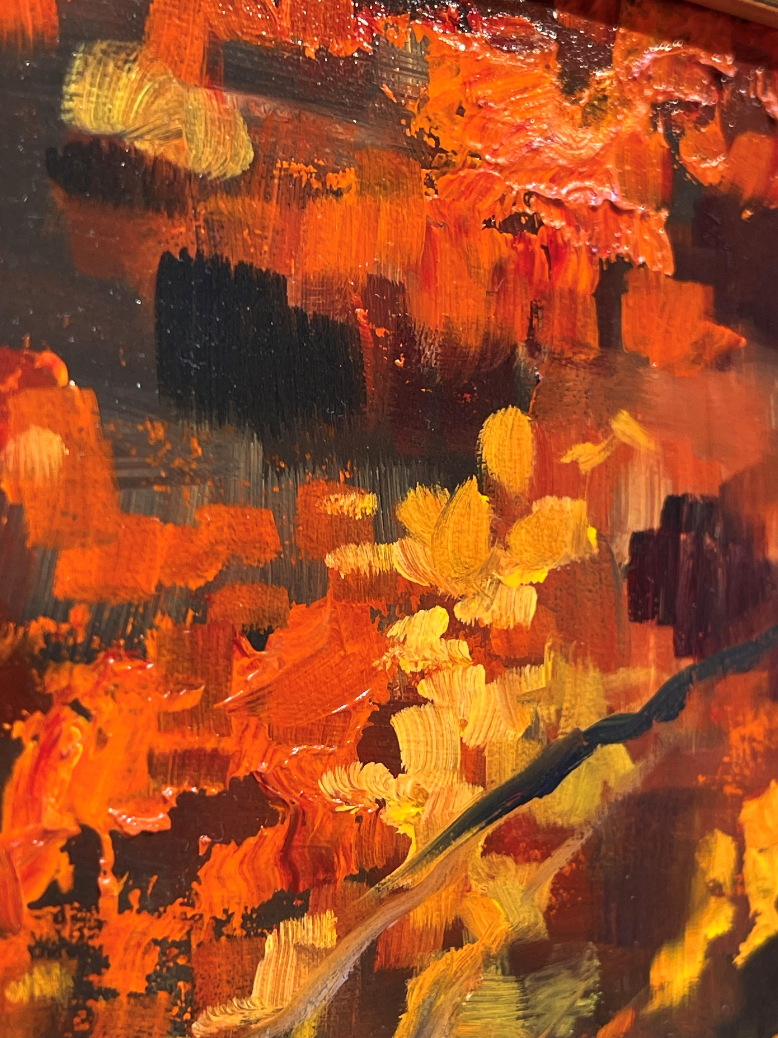 „Herbst Flare“ Herbstlandschaft Ölgemälde mit roten und gelben Blättern, Ölgemälde (Schwarz), Landscape Painting, von Michelle Condrat