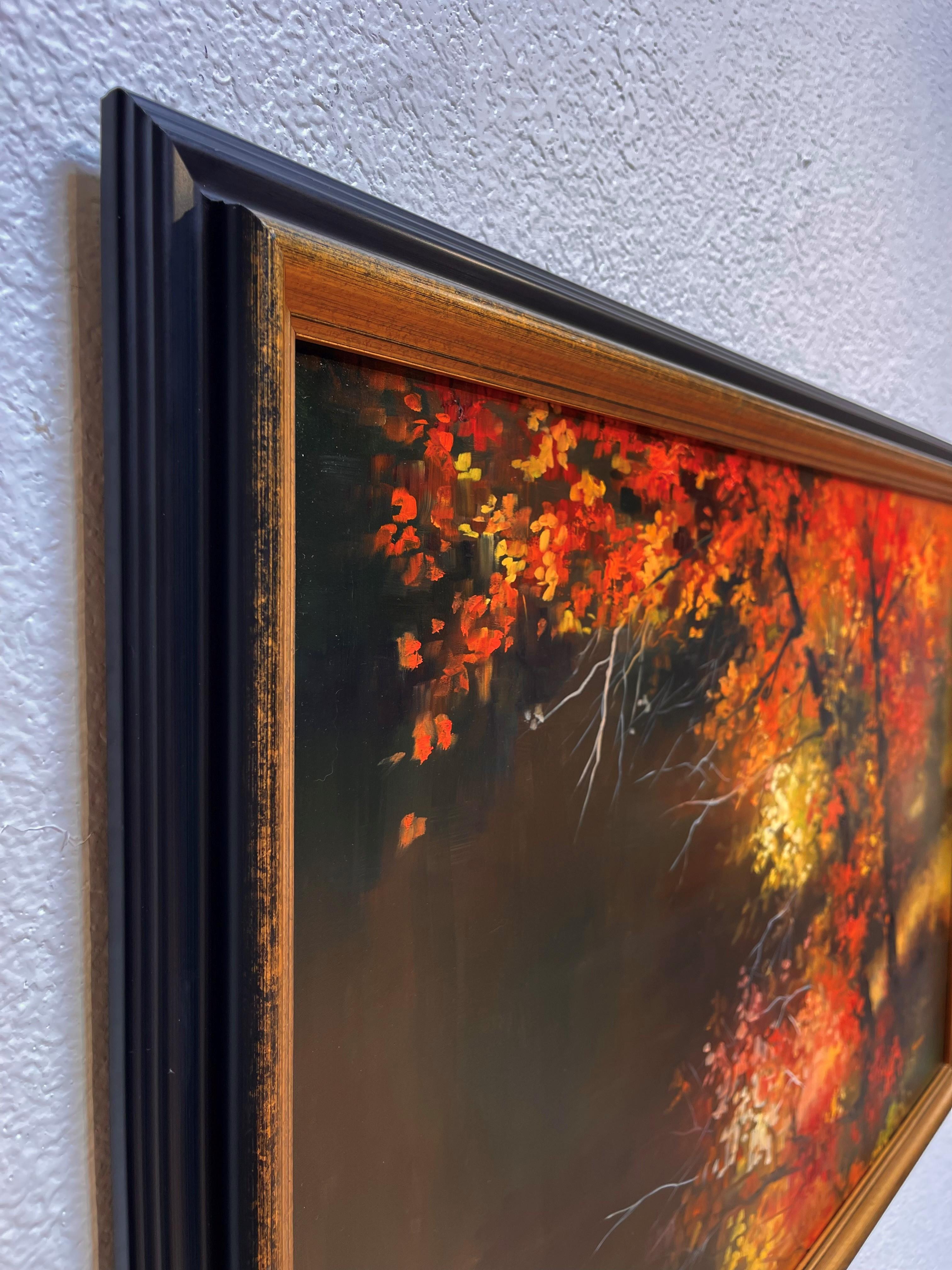 „Herbst Flare“ Herbstlandschaft Ölgemälde mit roten und gelben Blättern, Ölgemälde (Land), Painting, von Michelle Condrat