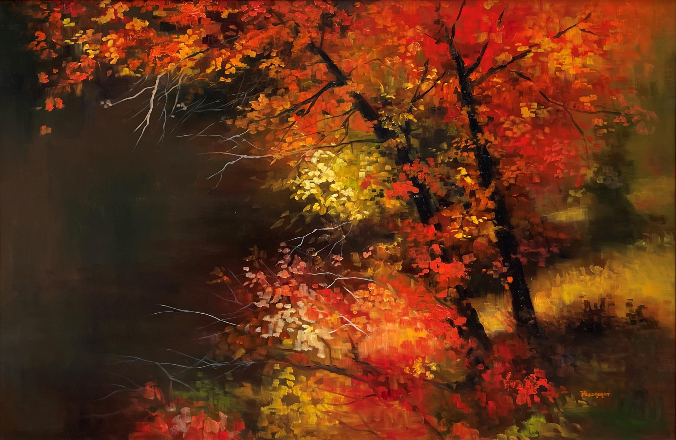 Michelle Condrat Landscape Painting - "Autumn Flare" Autumn Landscape Oil painting with Red and Yellow Leaves