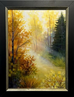 "Golden Light" Paesaggio forestale astratto, pittura a olio su pannello