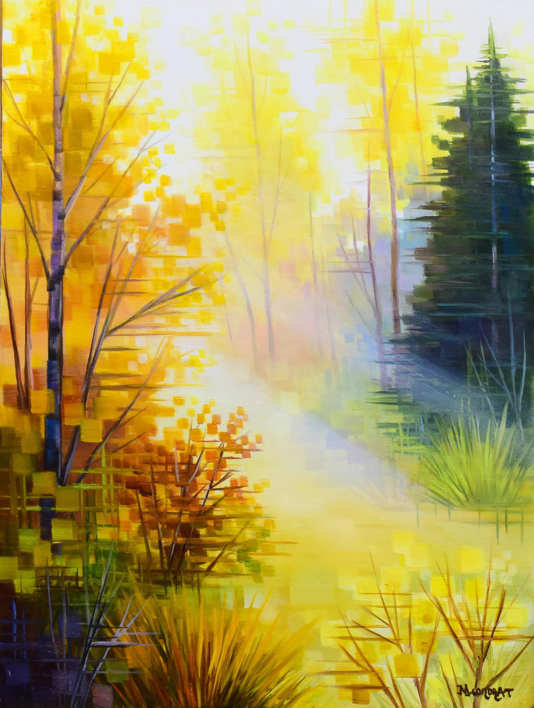 Michelle Condrat Figurative Painting – "Goldenes Licht" Abstrahierte Waldlandschaft, Ölgemälde auf Platte