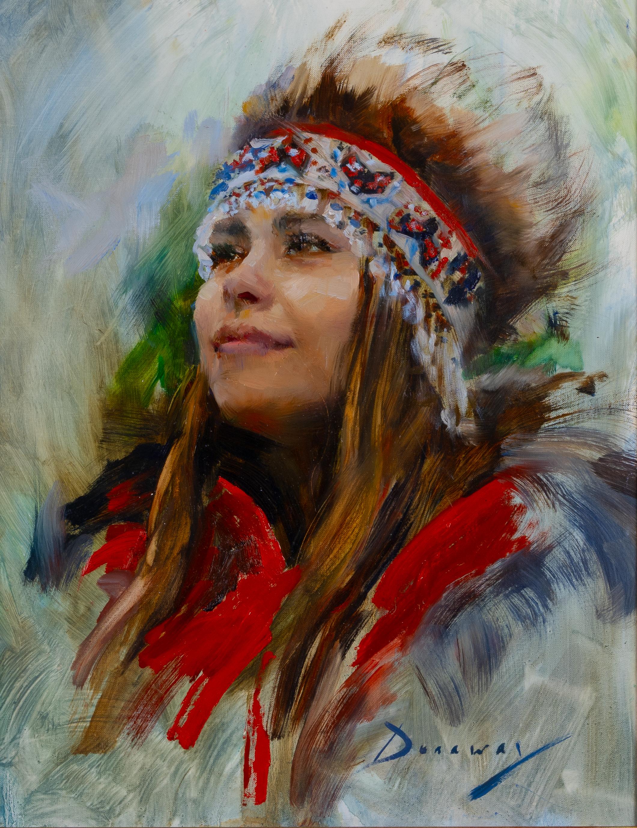 Michelle Dunaway Figurative Painting – "Alaskanisches Yup
ik-Mädchen mit traditionellem Kopfschmuck" Original Ölporträtgemälde