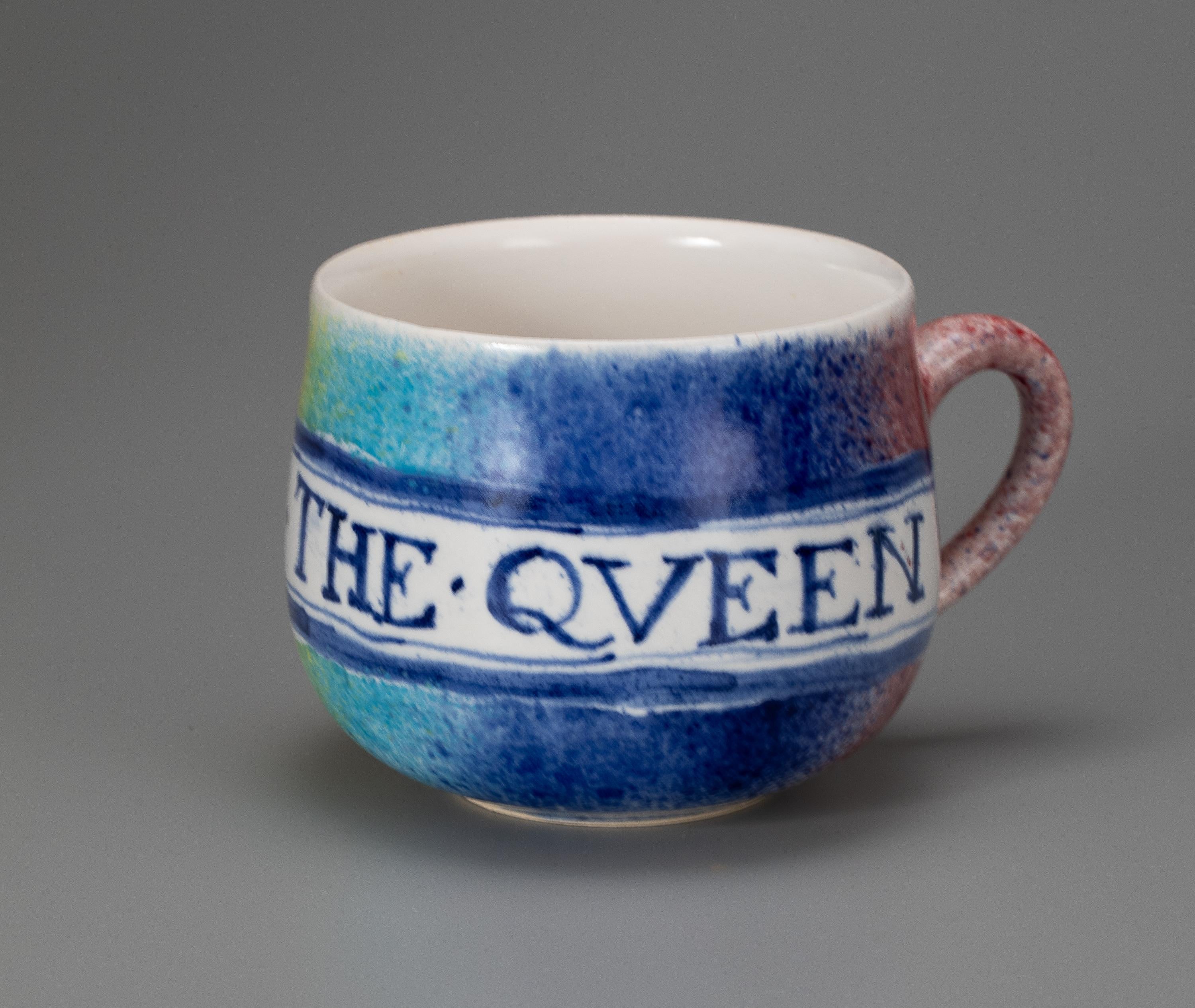 American Michelle Erickson Ceramics Delftware Mugs GOD BLES  THE QVEEN, BOYES BEE MERRY  For Sale