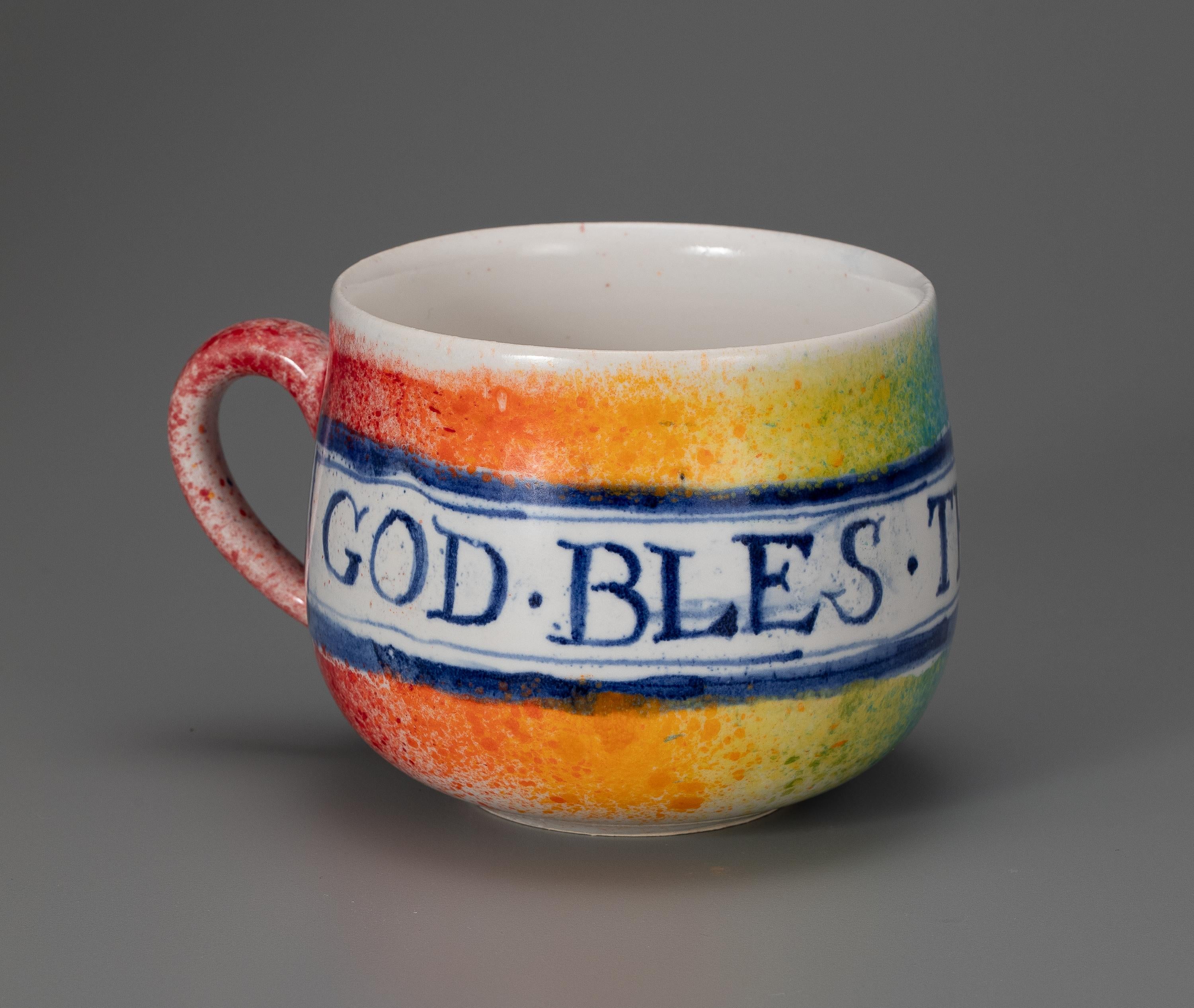British Colonial Michelle Erickson Ceramics Delftware Mugs GOD BLES  THE QVEEN, BOYES BEE MERRY  For Sale
