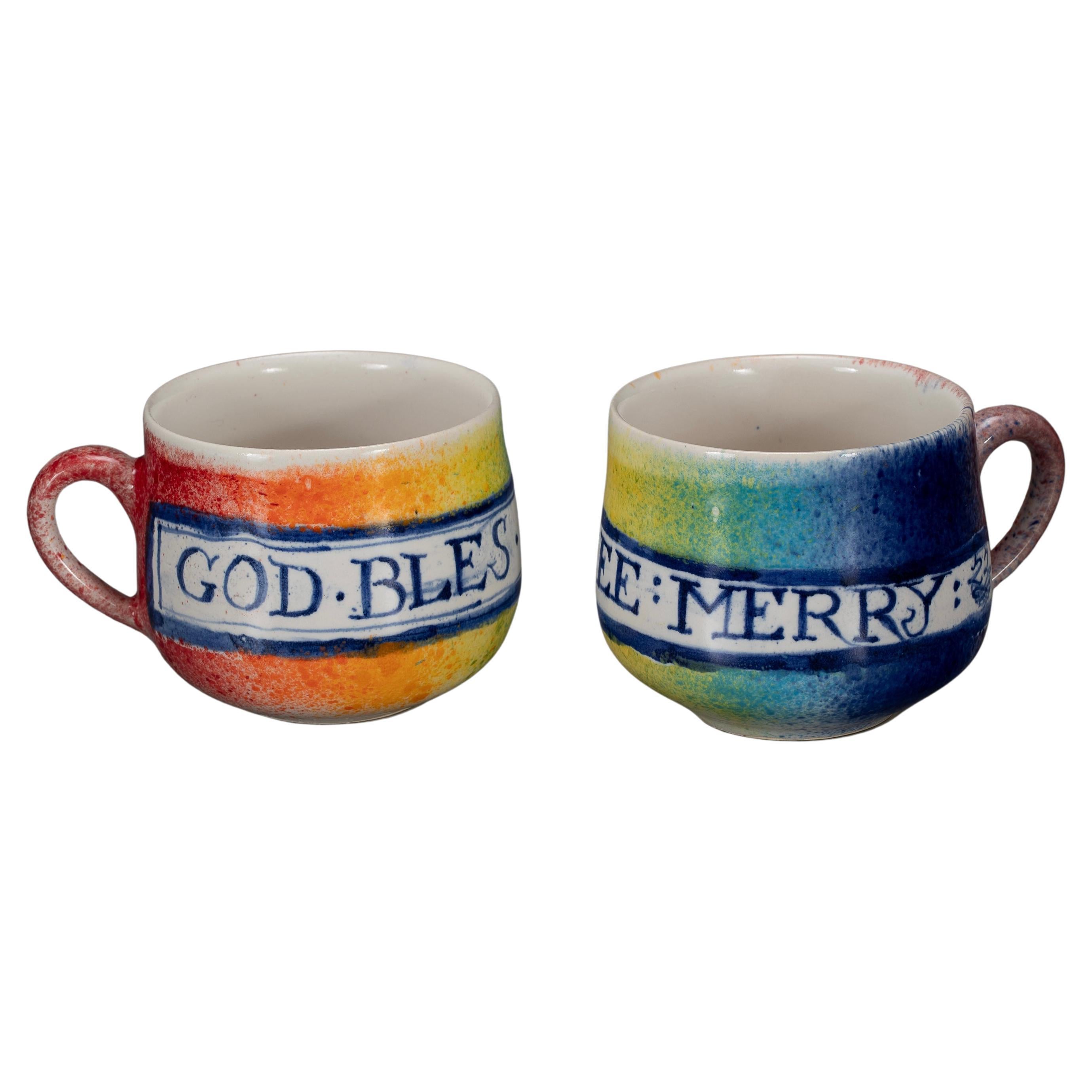Michelle Erickson Ceramics Delftware Mugs GOD BLES  THE QVEEN, BOYES BEE MERRY  For Sale