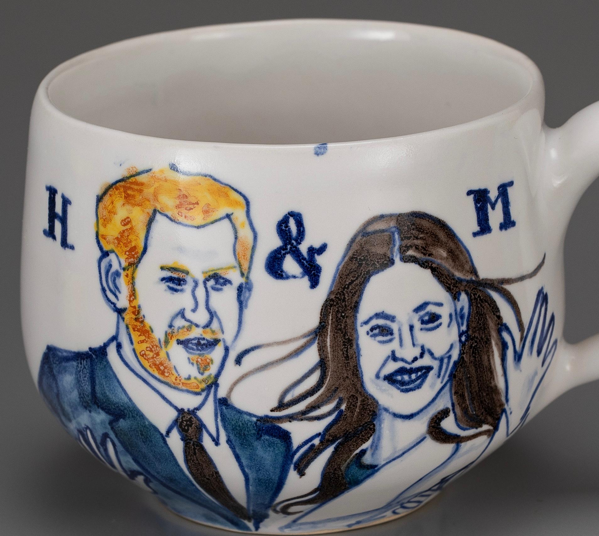 British Colonial Michelle Erickson  Ceramics ‘MUGXIT’Delftware Portrait Mug of Meagan and Harry  For Sale