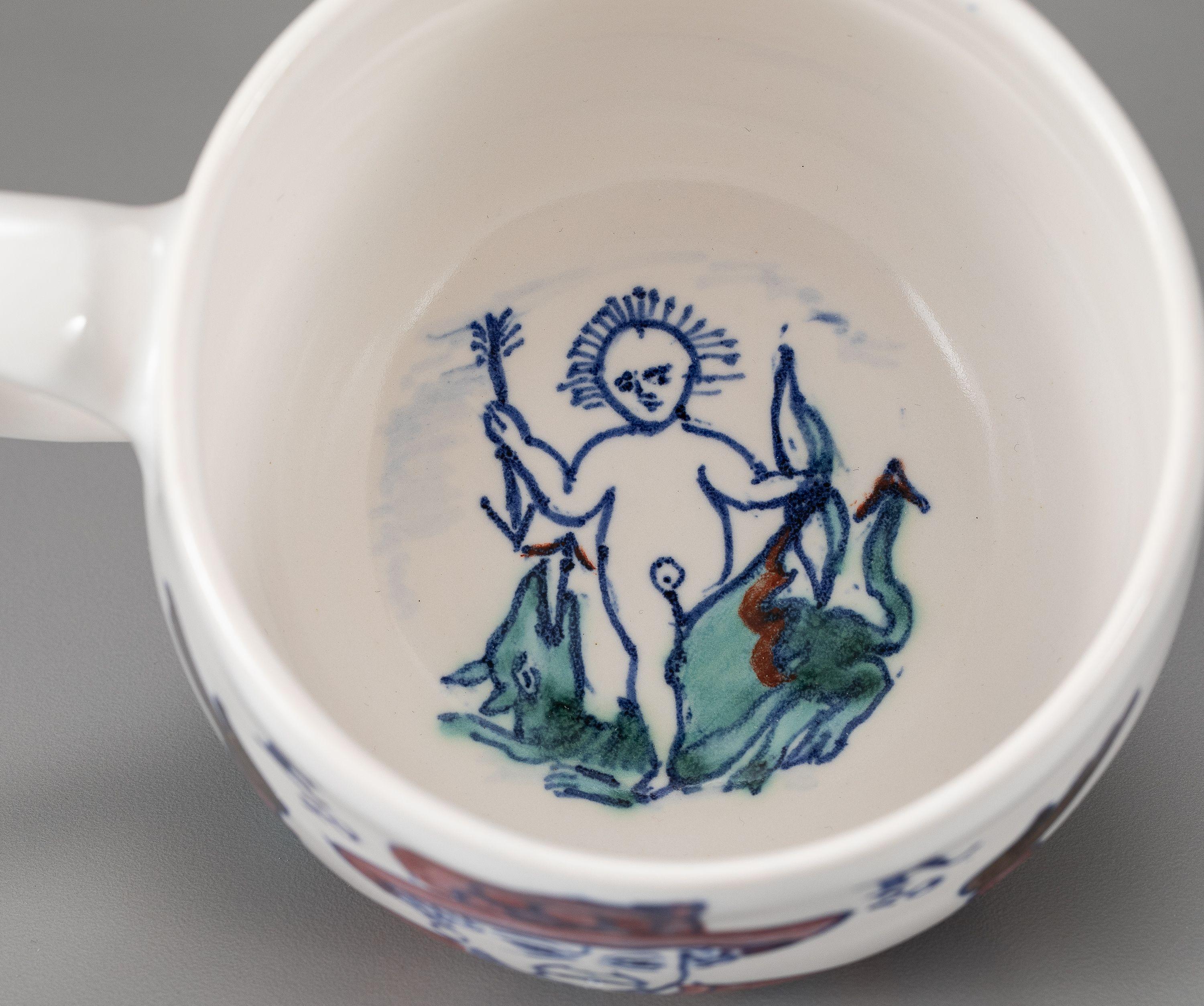 Hand-Painted Michelle Erickson  Ceramics ‘MUGXIT’Delftware Portrait Mug of Meagan and Harry  For Sale
