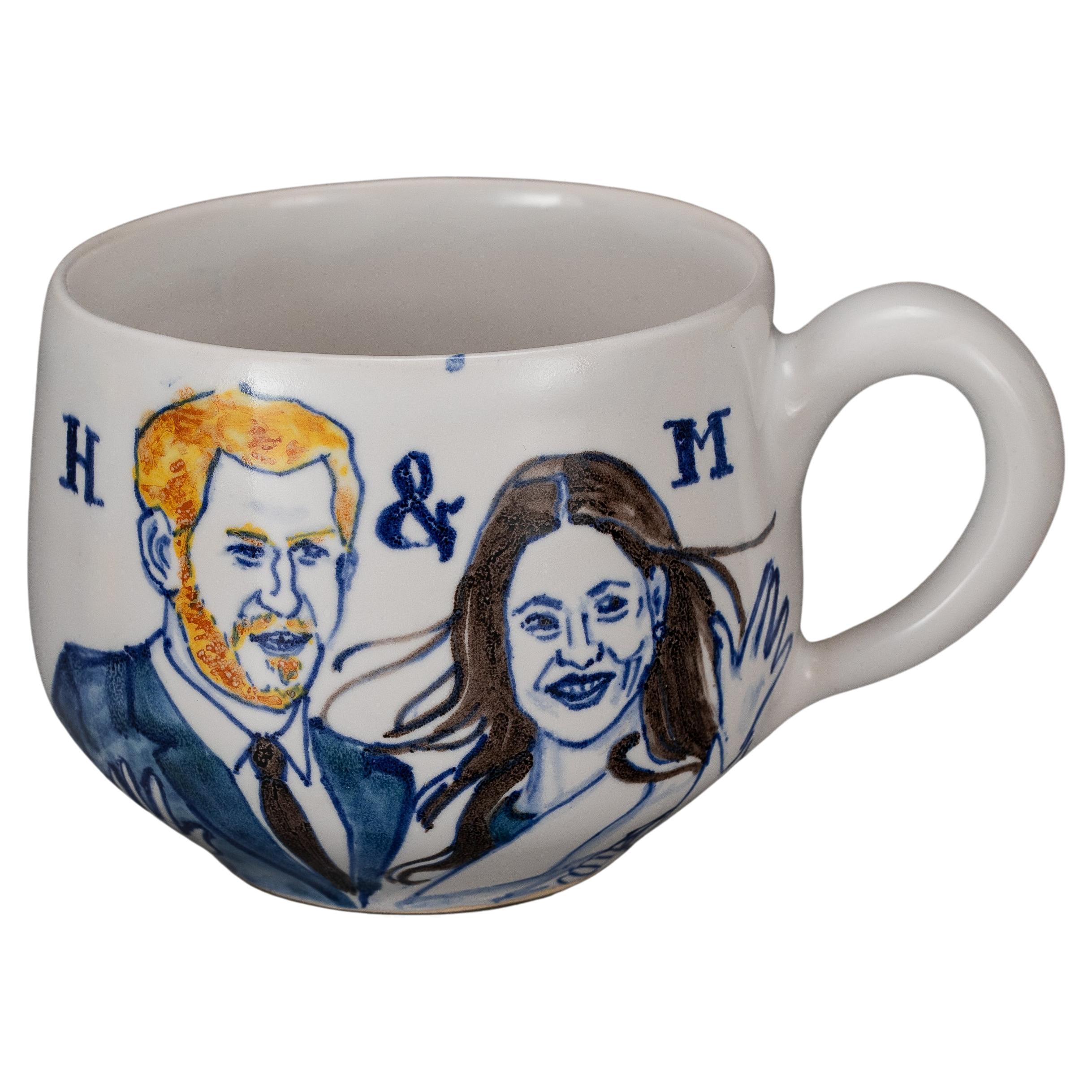Michelle Erickson  Ceramics ‘MUGXIT’Delftware Portrait Mug of Meagan and Harry  For Sale