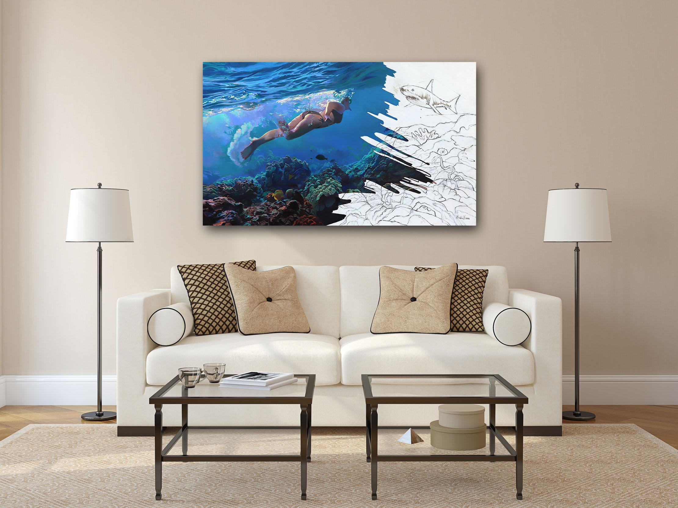 Confront - Gran pintura al óleo figurativa oceánica original sobre lienzo - Painting de Michelle Fillmore