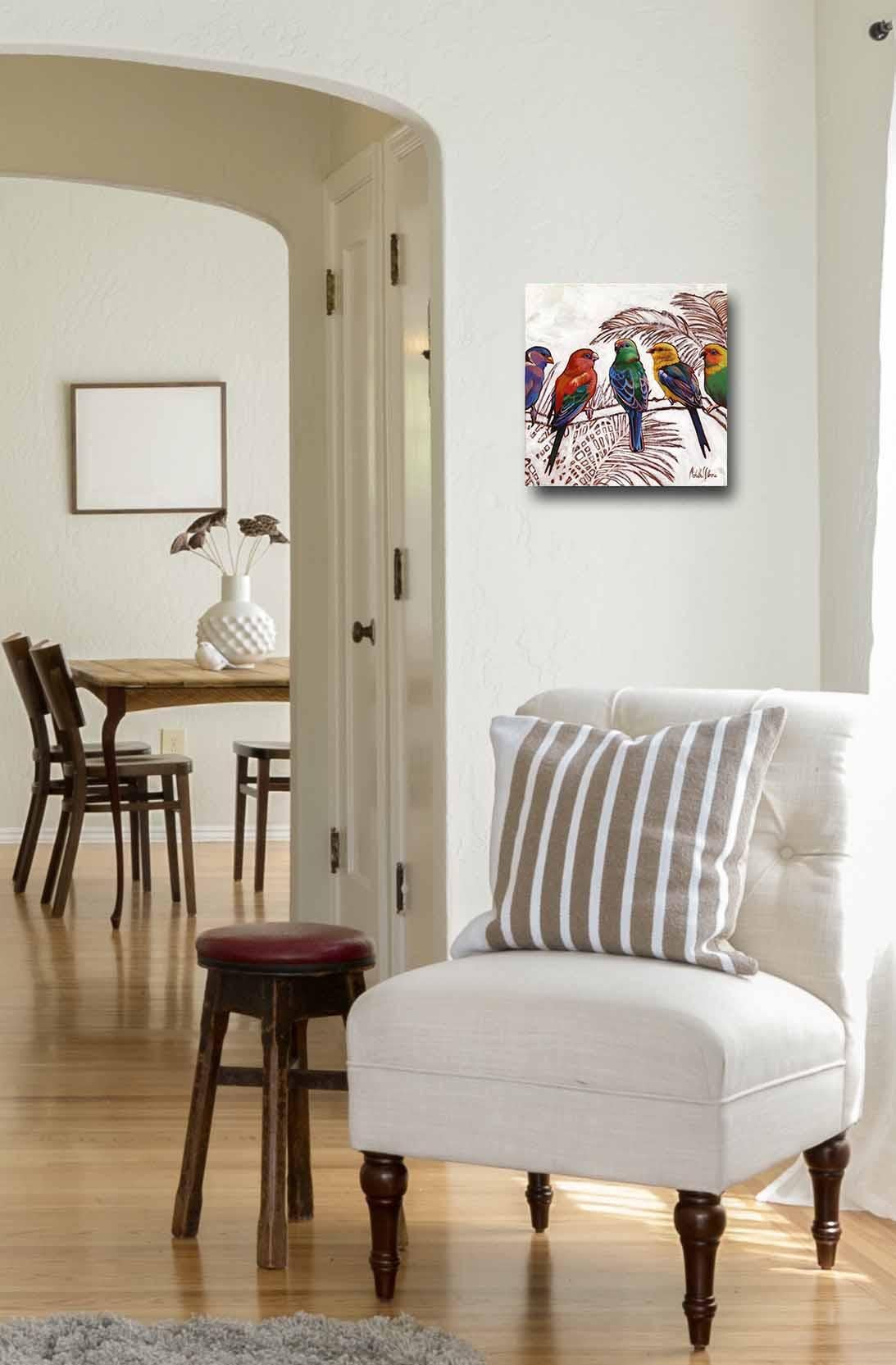 Das Leben in Farbe - Original Abstrakt Bunt Lebendige Vögel Ölgemälde auf Leinwand – Painting von Michelle Fillmore