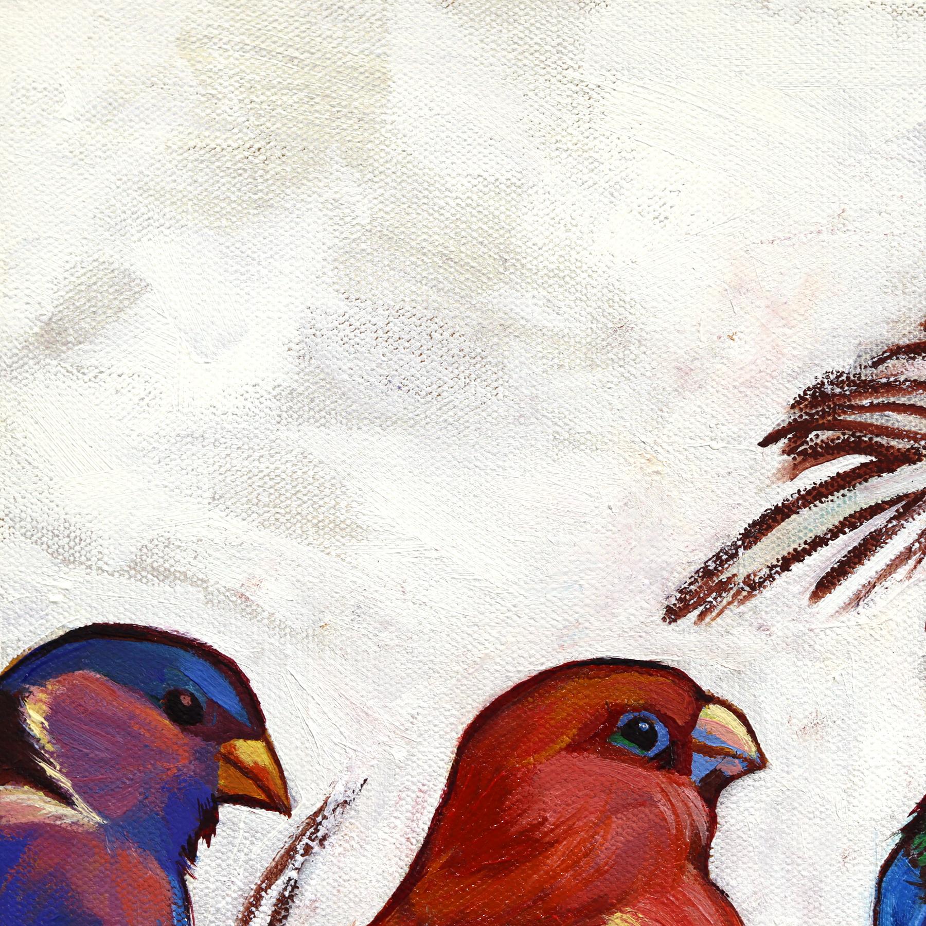 Das Leben in Farbe - Original Abstrakt Bunt Lebendige Vögel Ölgemälde auf Leinwand (Beige), Animal Painting, von Michelle Fillmore