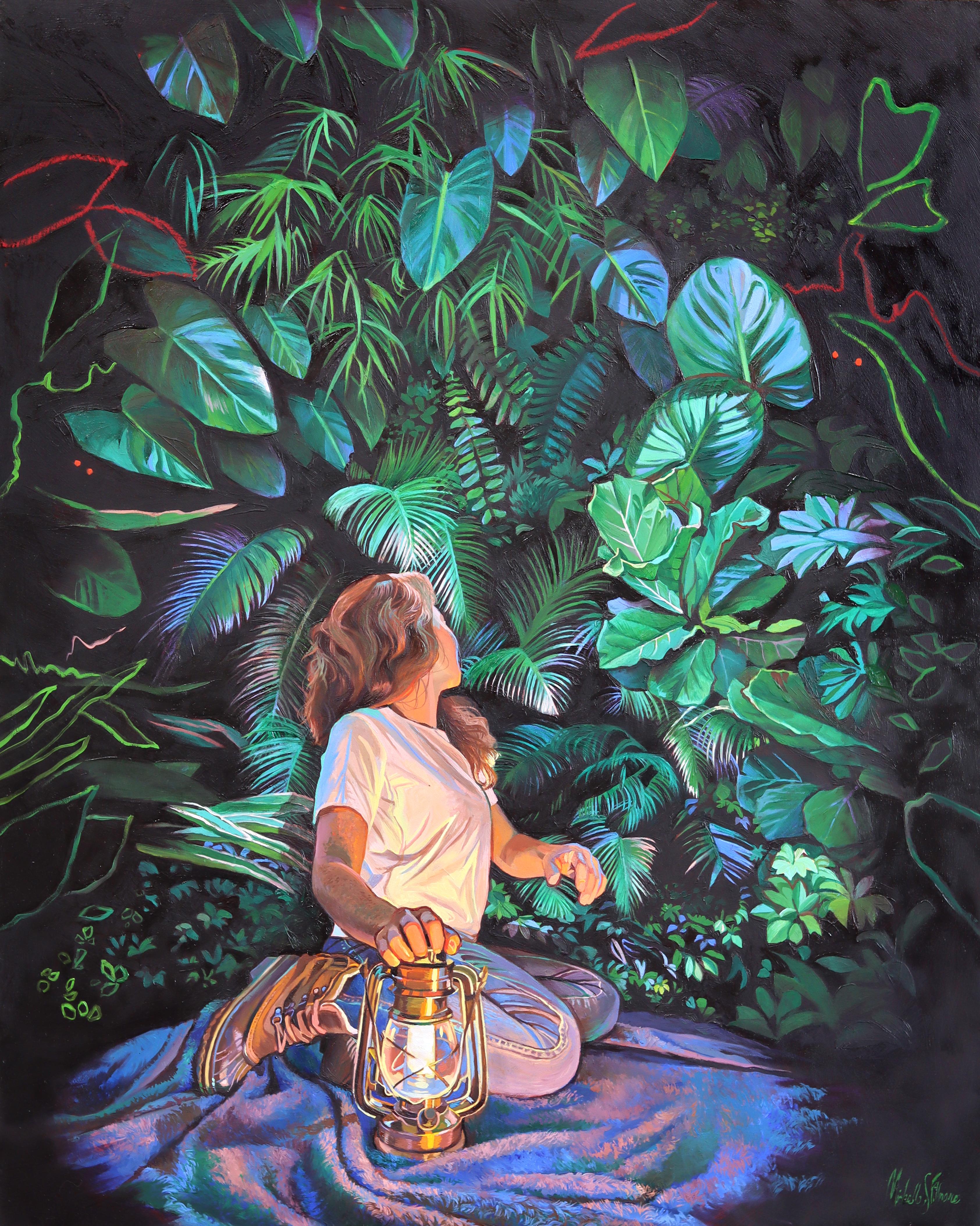 Peripherie - Luminous Glowing Colorful Figurative Surrealist Ölgemälde auf Holz