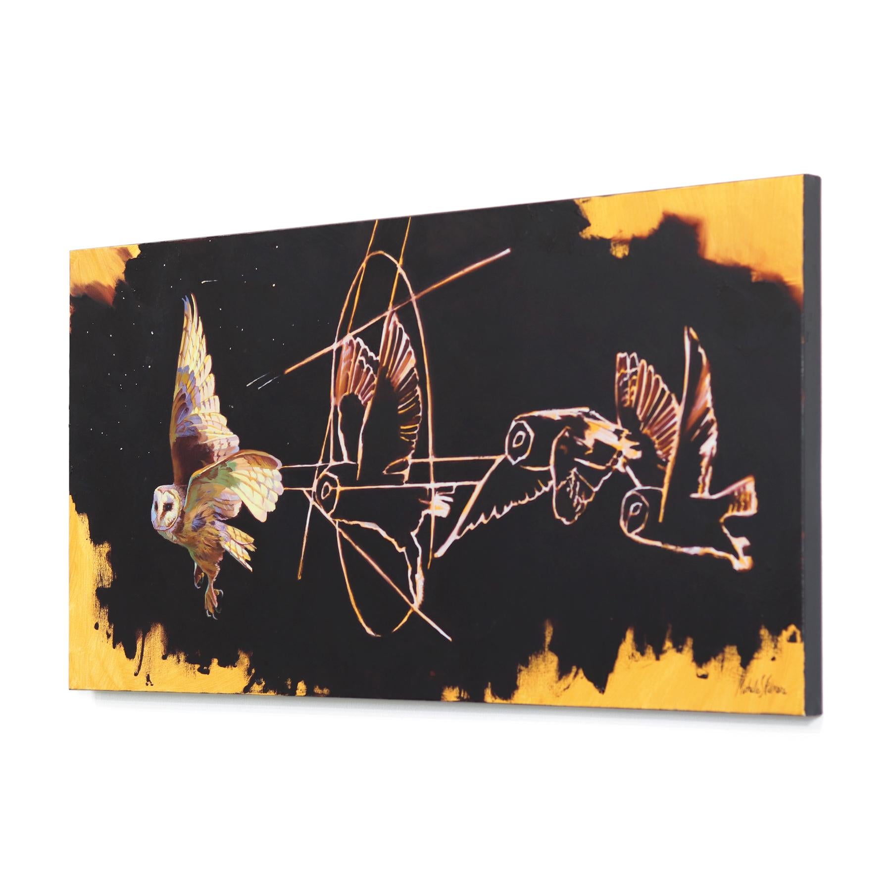 Le rêveur - Peinture à l'huile sur toile - Hibou figuratif - Noir Animal Painting par Michelle Fillmore