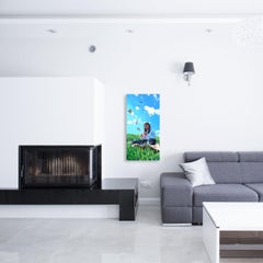 The Escape Artist - Tall Figurative Landscape Painting Woman Birds Sky