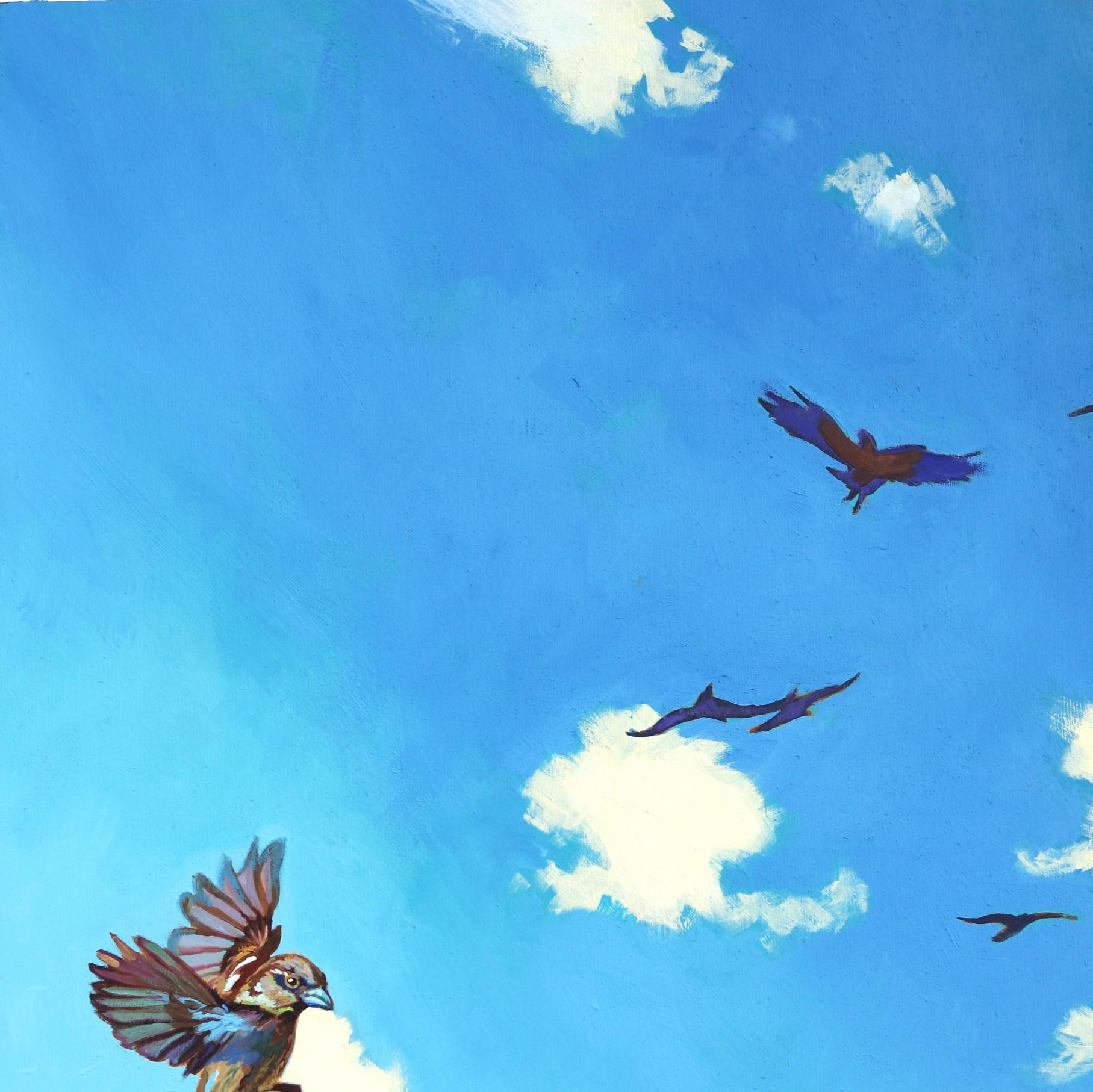 The Escape Artist - Tall Figurative Landscape Painting Woman Birds Sky For Sale 3