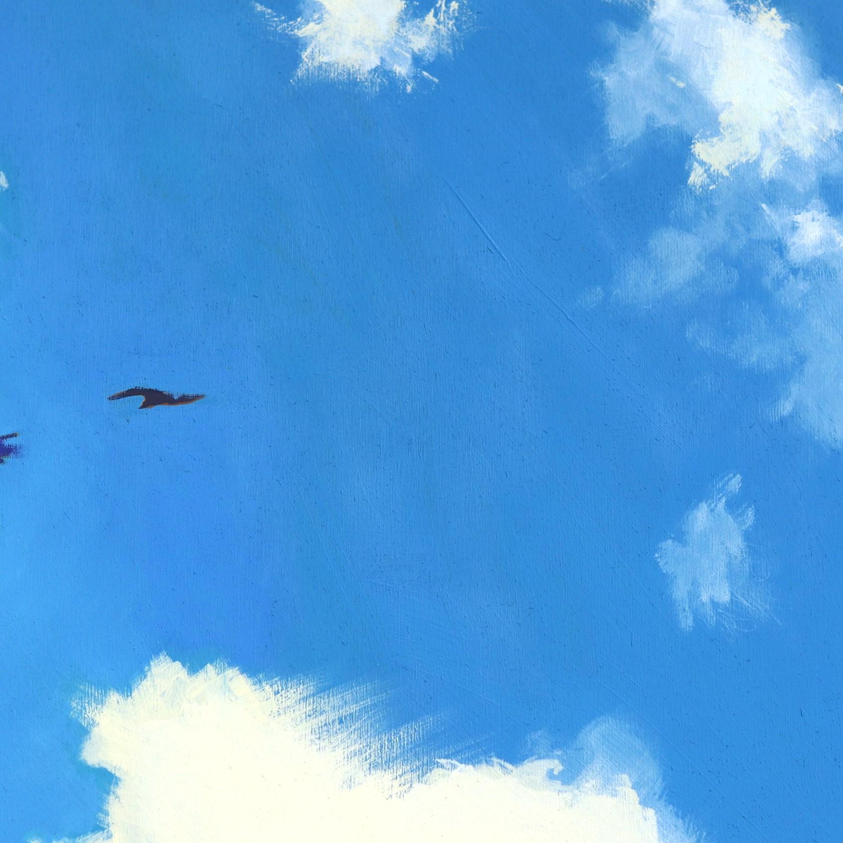 The Escape Artist - Tall Figurative Landscape Painting Woman Birds Sky For Sale 4