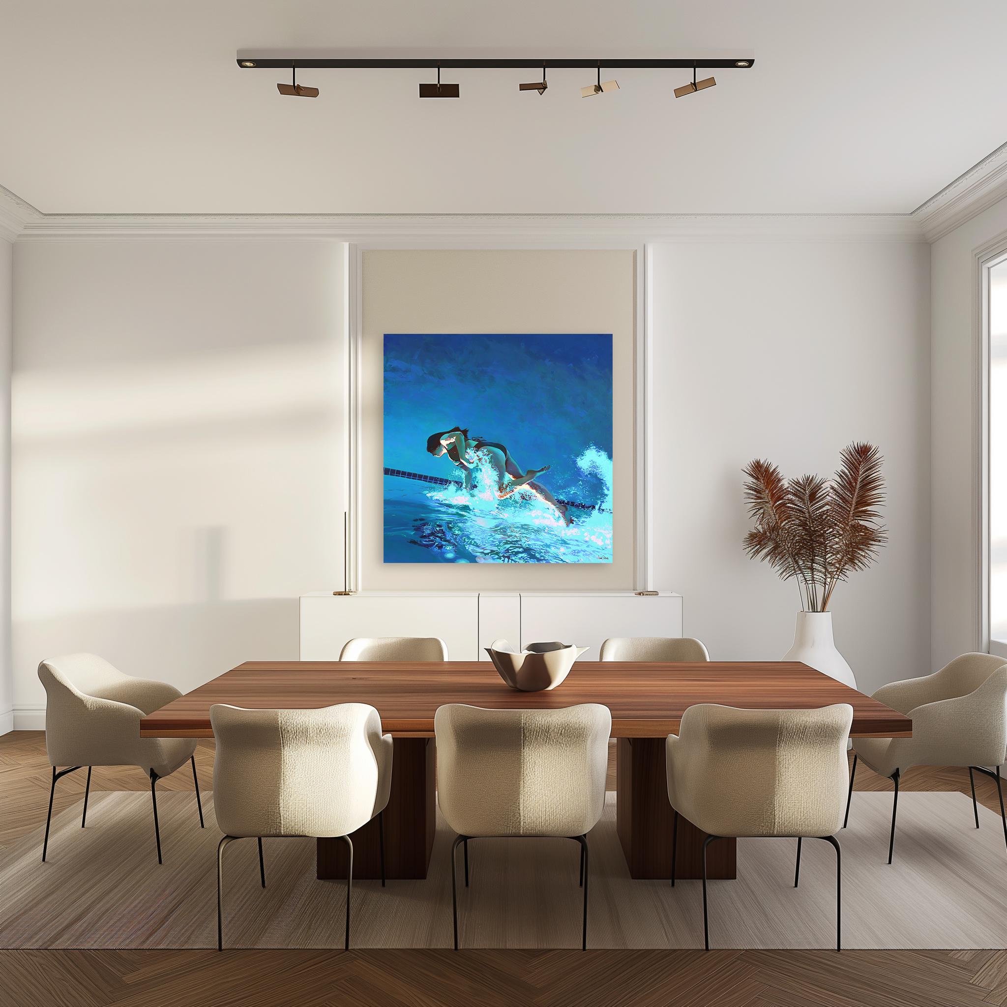 Il lato positivo - Pittura ad olio figurativa originale blu su tela - Painting di Michelle Fillmore