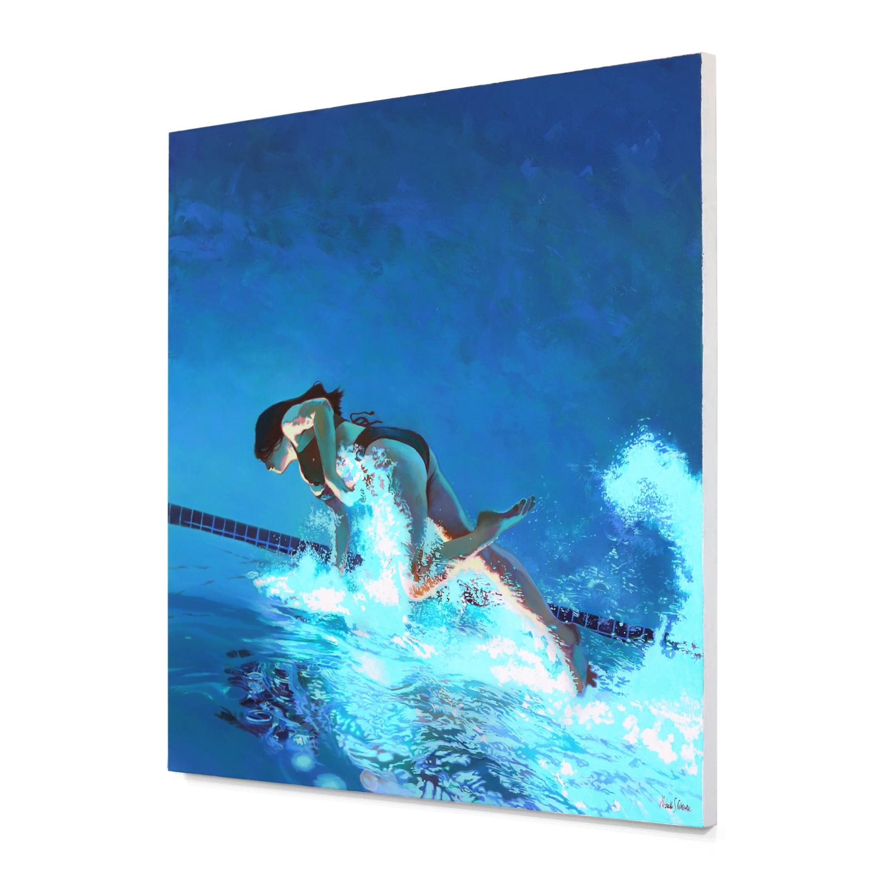Il lato positivo - Pittura ad olio figurativa originale blu su tela - Landscape Painting Blu di Michelle Fillmore