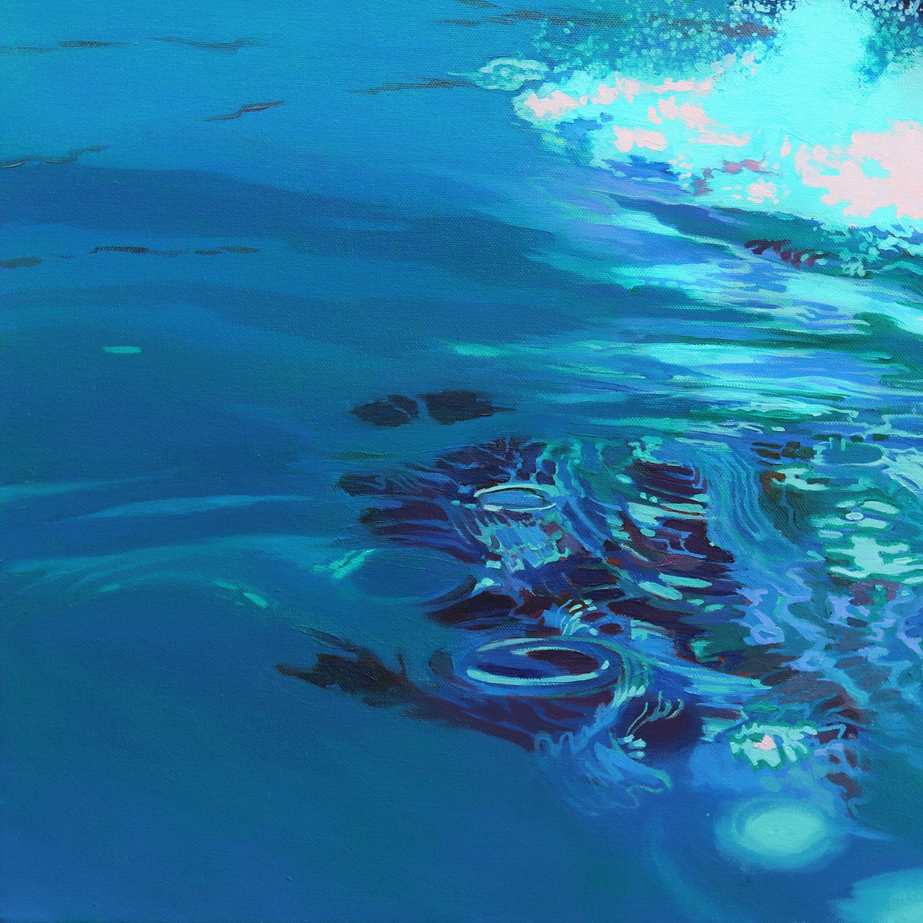 Il lato positivo - Pittura ad olio figurativa originale blu su tela in vendita 2