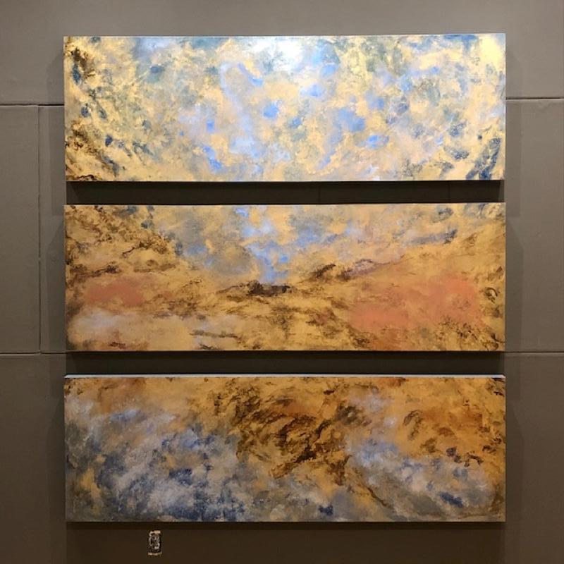 Ecotone, Cloudscape, Sky, Oil, Gold, Blue, Meditative, Gold Leaf, Painting - Brown Abstract Painting by Michelle Gagliano