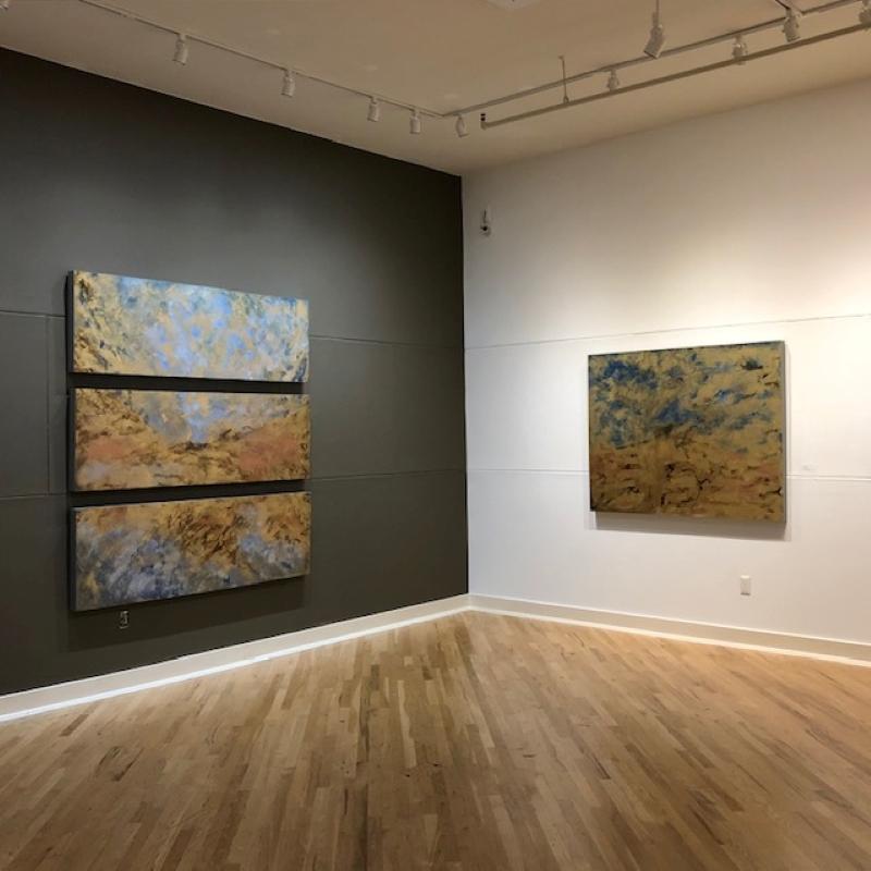 Michelle Gagliano, Ecotone (Land), Oil on Wood Panel, 24x72.  Ecotone Land is part of a triptych, but also available to be sold individually.  It conveys beauty and optimism.

Michelle Gagliano’s art is a continuous engagement with the notion of