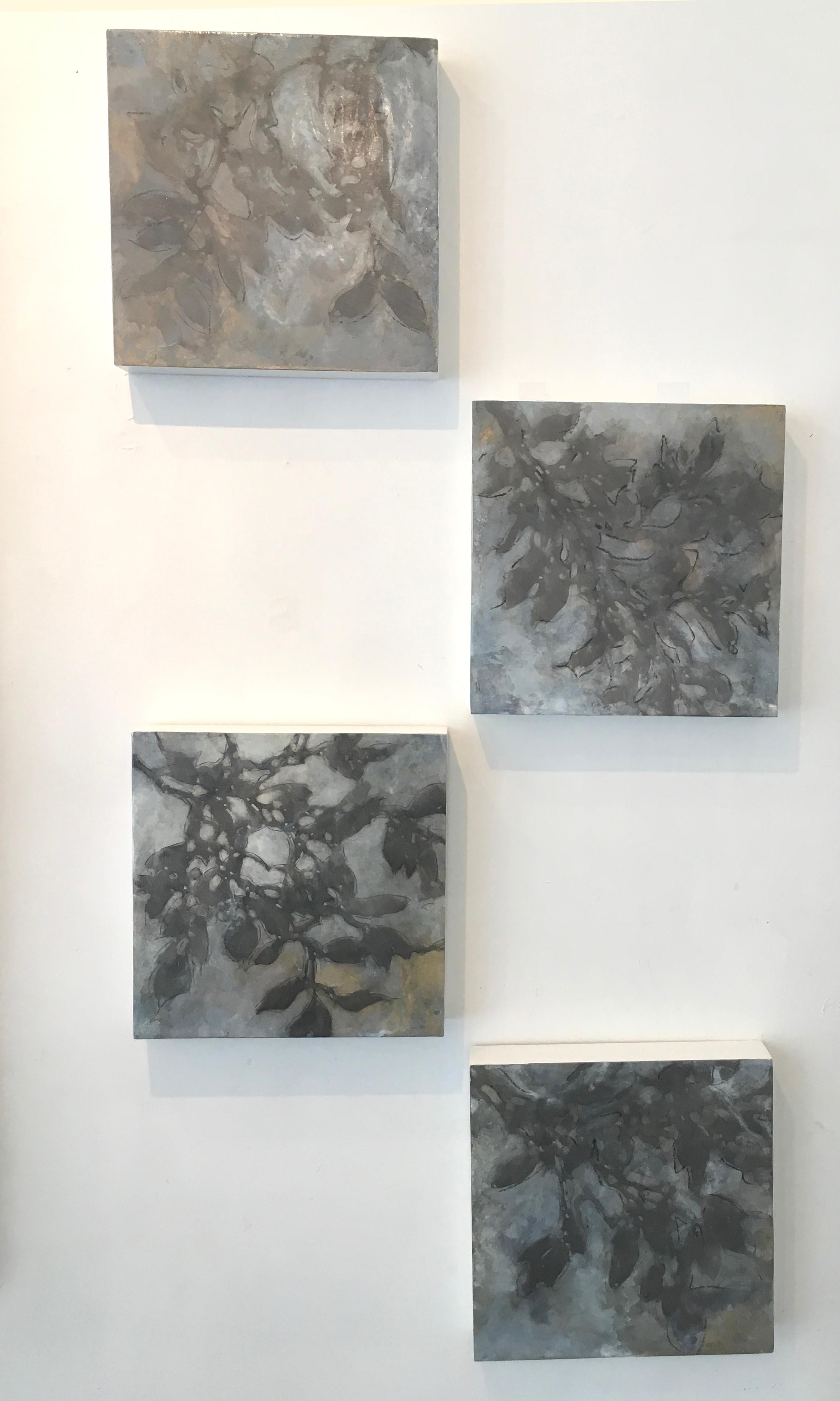 Nebular Vines 9441, botanical, Nature, Vines, Leaves, Silver, Wood Panel - Contemporary Painting by Michelle Gagliano