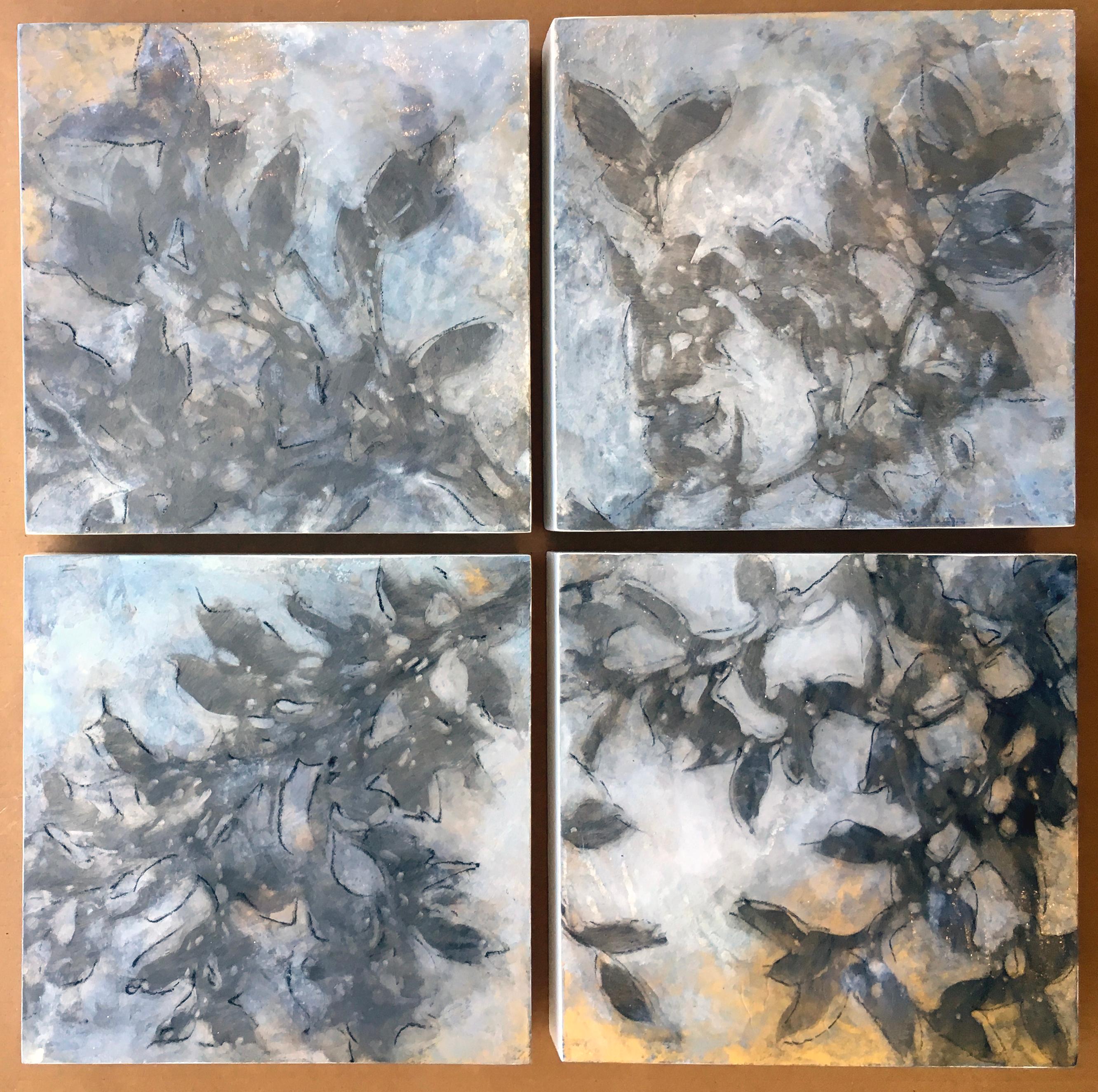 Nebular Vines 9456, botanique, Nature, vignes, argent, feuilles, panneau de bois  - Gris Landscape Painting par Michelle Gagliano