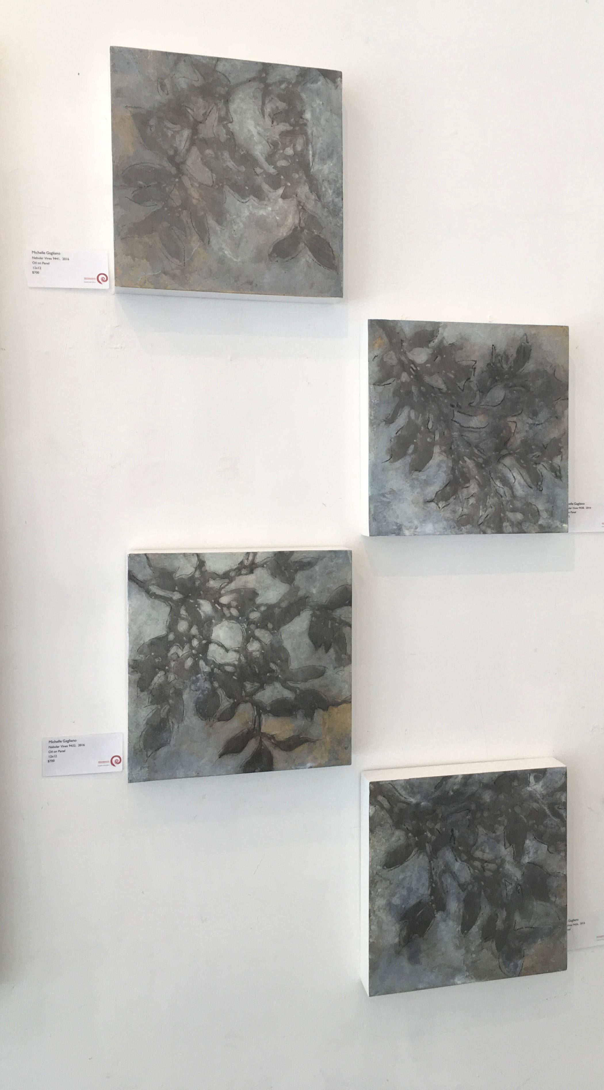 Nebular Vines 9456, botanical, Nature, Vines, Silver, Leaves, Wood Panel,  - Gray Landscape Painting by Michelle Gagliano