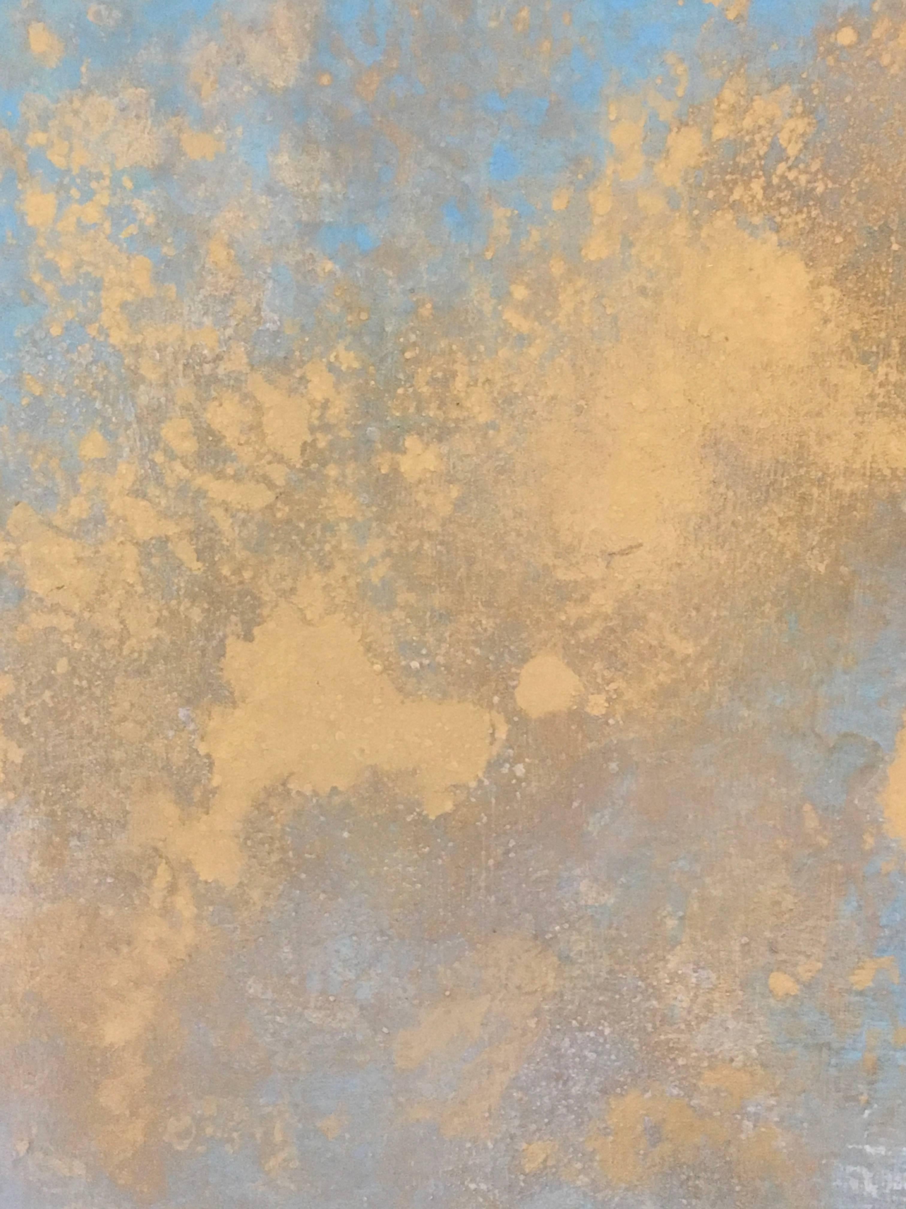 Petit Rhosen is an optimistic skyscape created with oil, gold leaf and varnish on Wood Panel.  It is 35.5x35.5x2.75.  As you move around the painting, the colors shift and the gold leaf picks up the light.

Michelle Gagliano’s art is a continuous